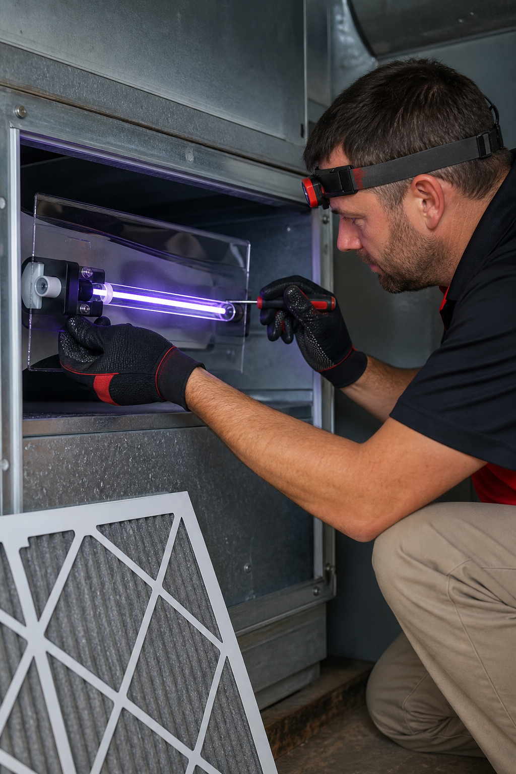 UV-C lamp installation in home HVAC system.