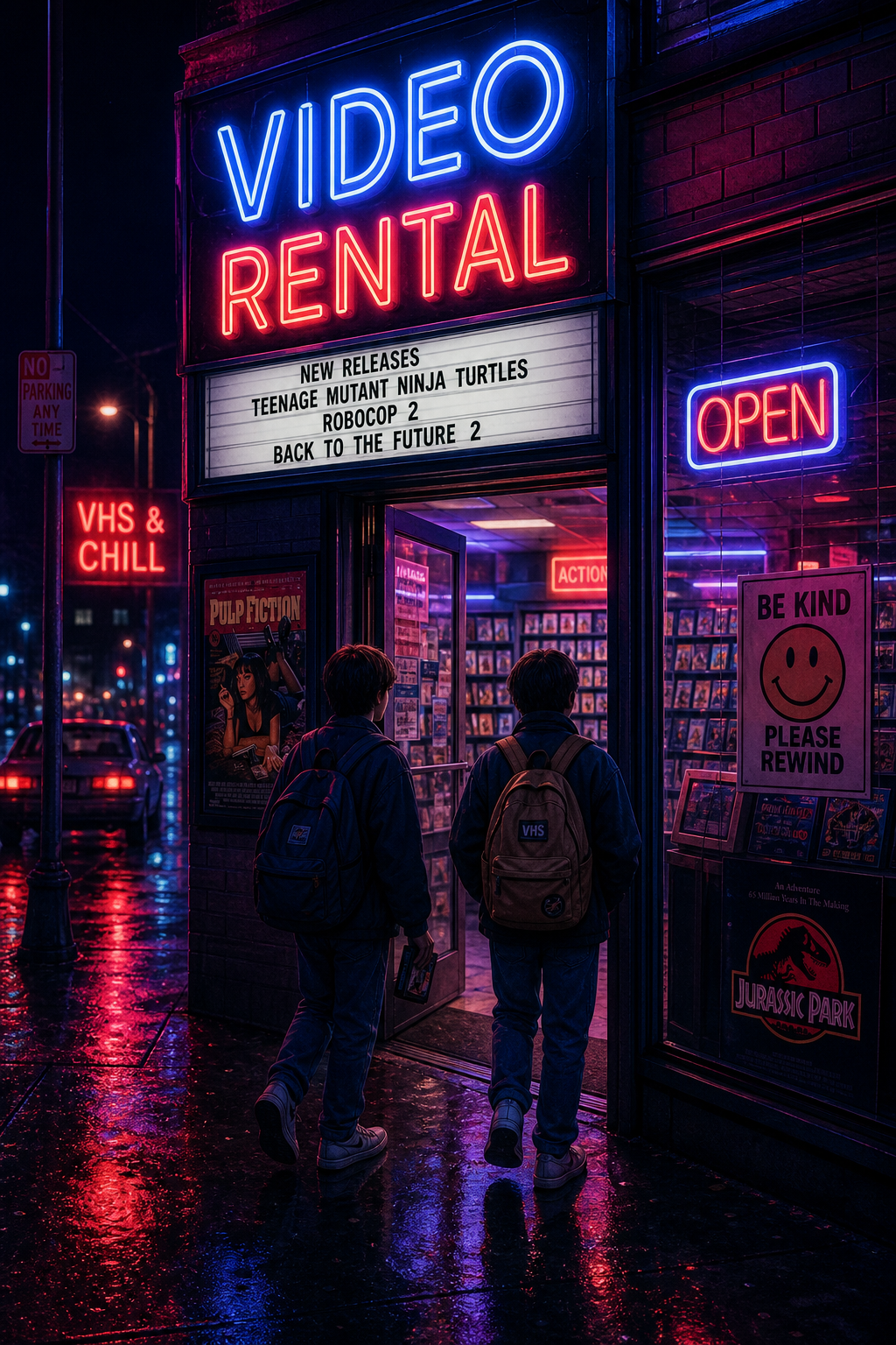 Neon Noir style of a video rental storefront at night, neon signs, kids with backpacks, alt: Video rental nights 90s
