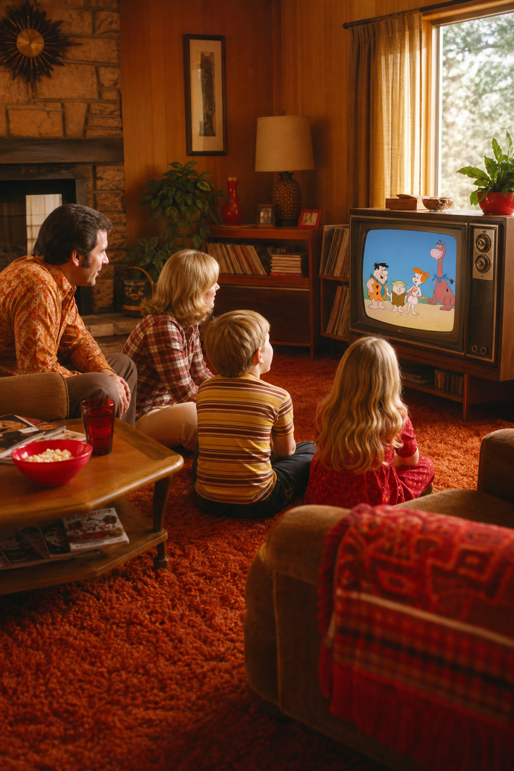1970s family watching Saturday morning cartoons