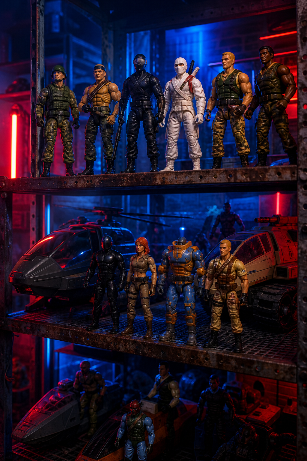 Neon Noir style scene of action figures from the 1990s displayed on a gritty metal shelf, dramatic lighting, alt: 1990s