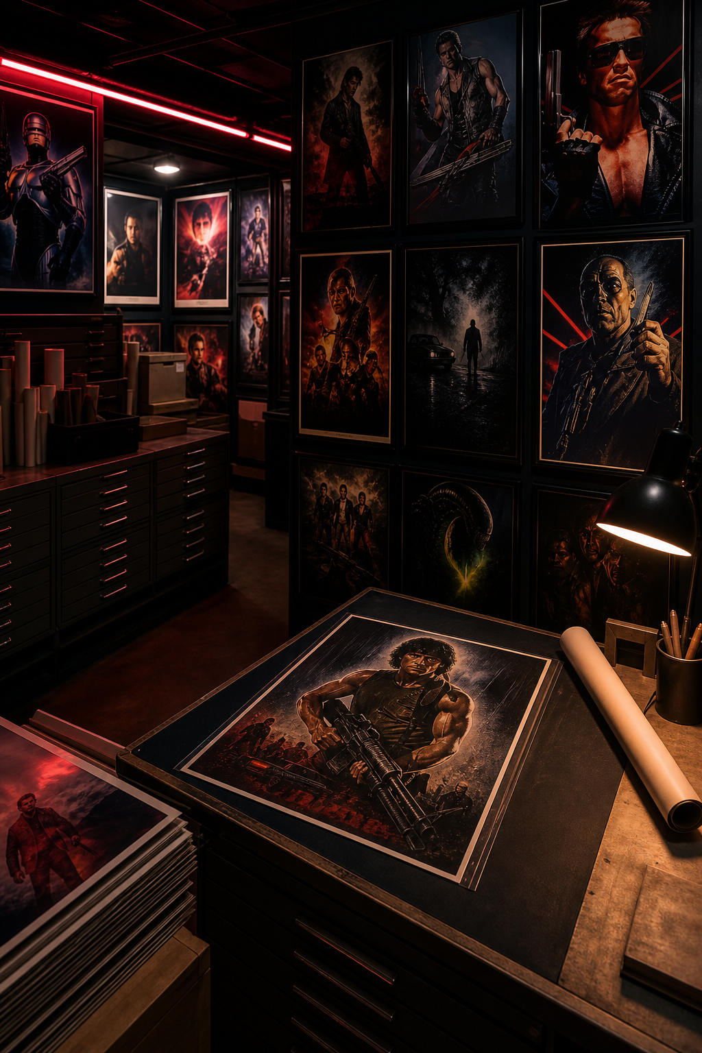Neon Noir style scene of a dimly lit archival room filled with vintage movie posters on walls, alt: curated collector's