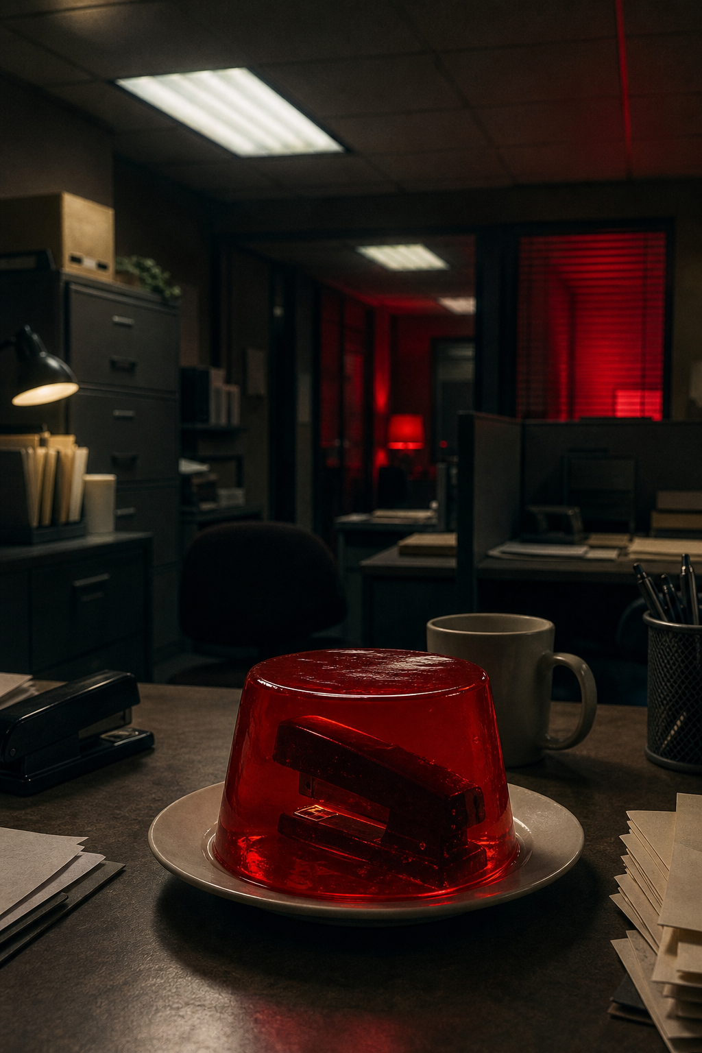 Neon Noir style scene of a cramped office with fluorescent lights, a stapler in Jell‑O, alt: The Office 2006 vibe
