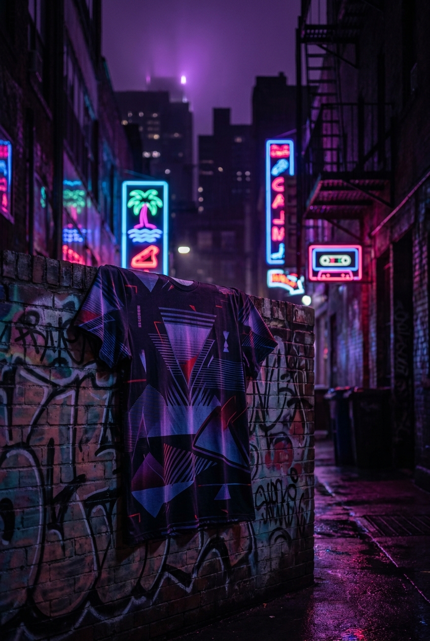 Neon Noir style portrait of a dark cityscape with neon signs, a retro synthwave band shirt draped over a graffiti wall,
