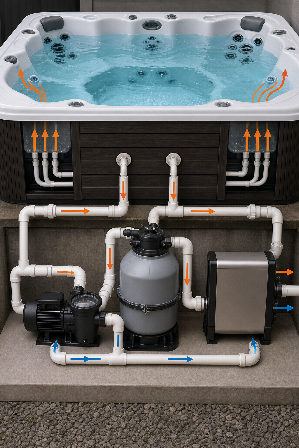 A realistic diagram of a hot‑tub plumbing layout showing suction drains, pump, filter, heater, and jet return lines, wit