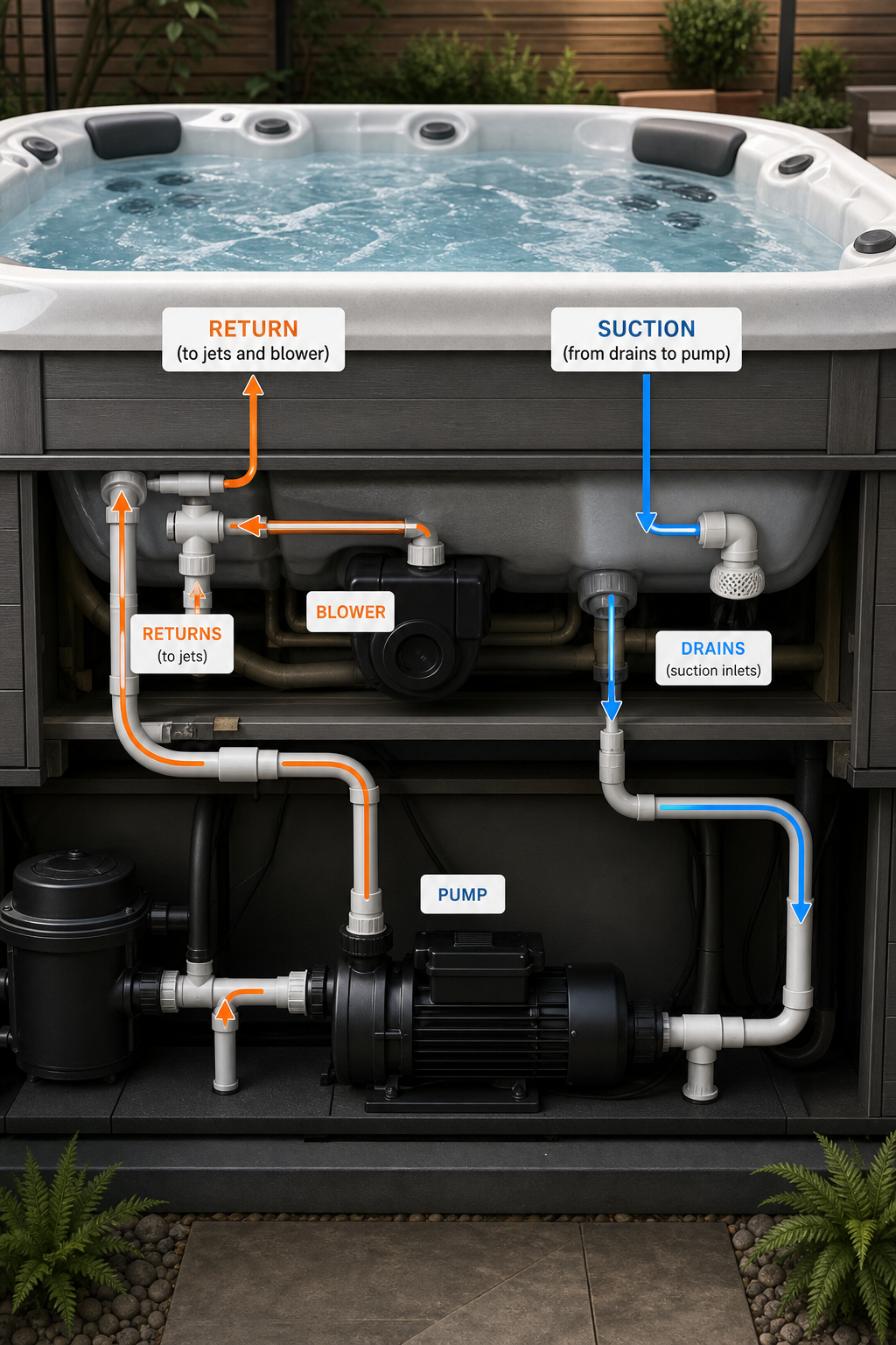A realistic illustration of a hot‑tub plumbing diagram highlighting the inward suction line from the drains to the pump