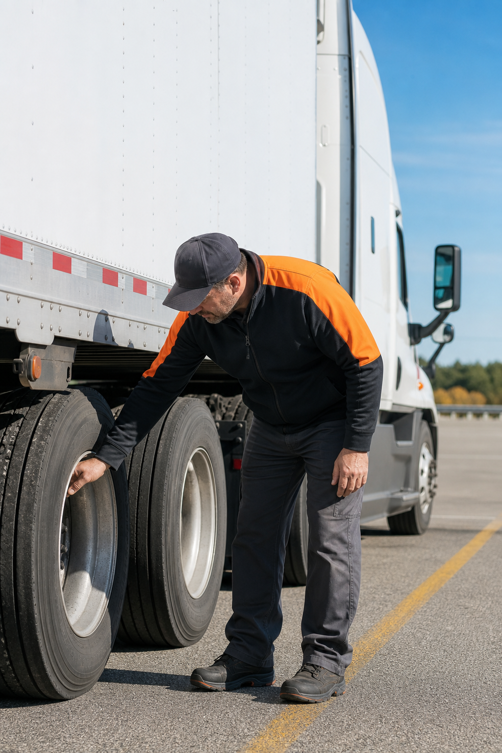 truck driver performing pre‑trip inspection on a highway rest area.