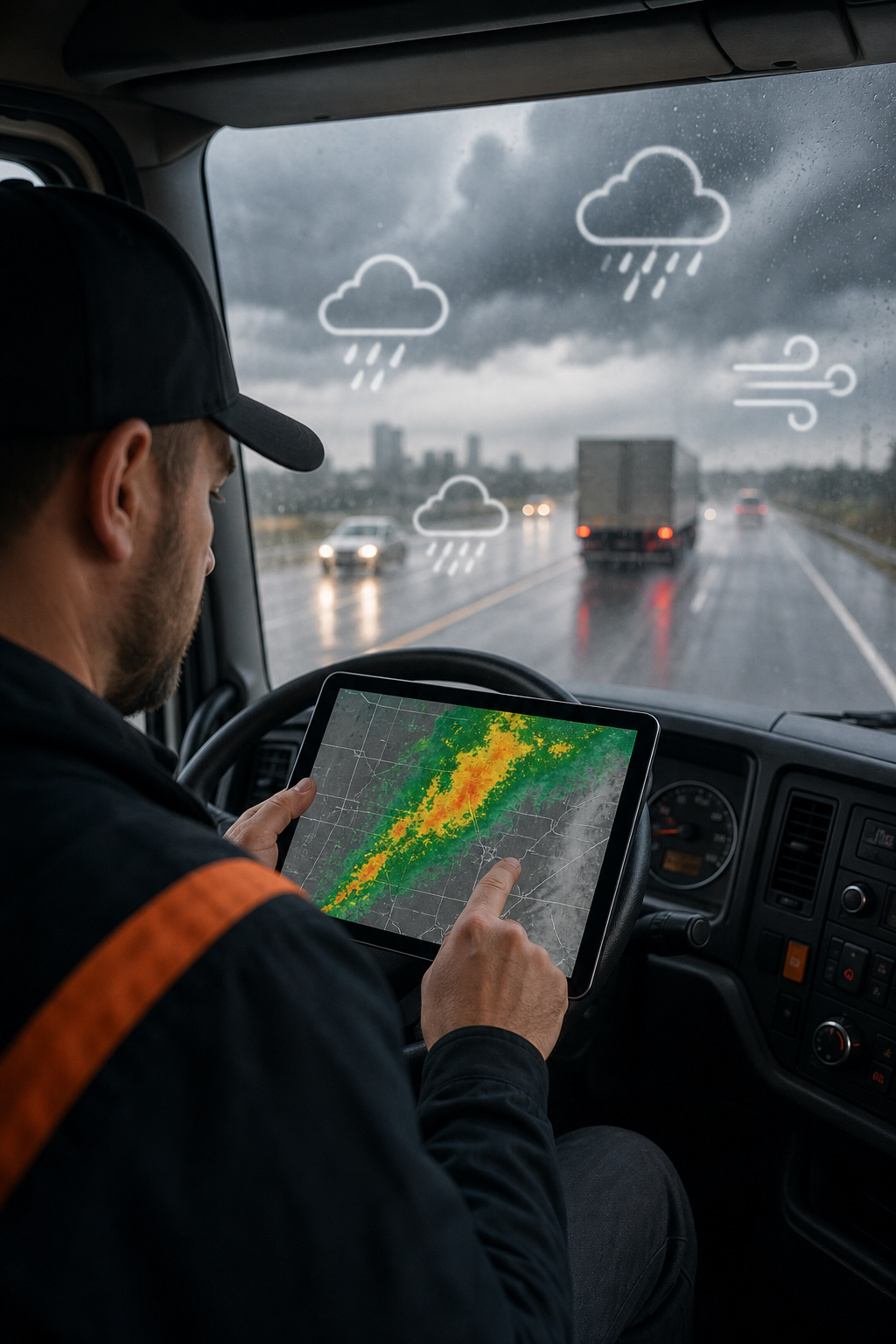 driver using a weather app to plan safe route.