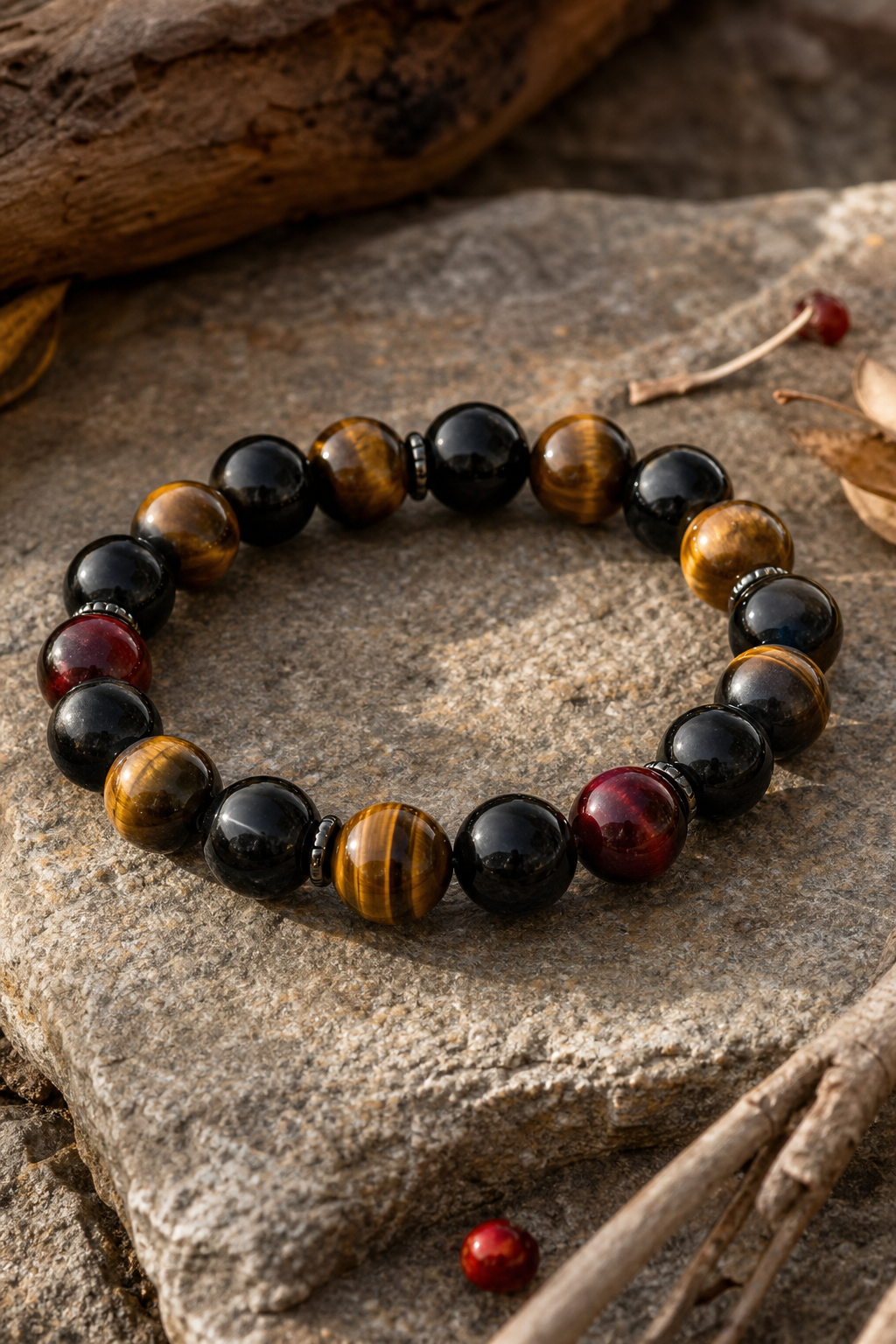 A photorealistic closeâup of an obsidian and tiger eye stone bracelet laid on a stone surface, soft shadows highlighting