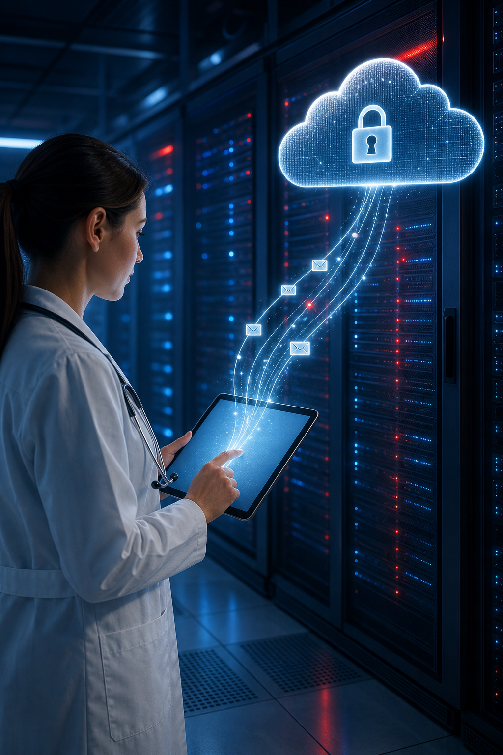A cinematic style illustration of a secure email server room with glowing data streams, showing encrypted messages flowi