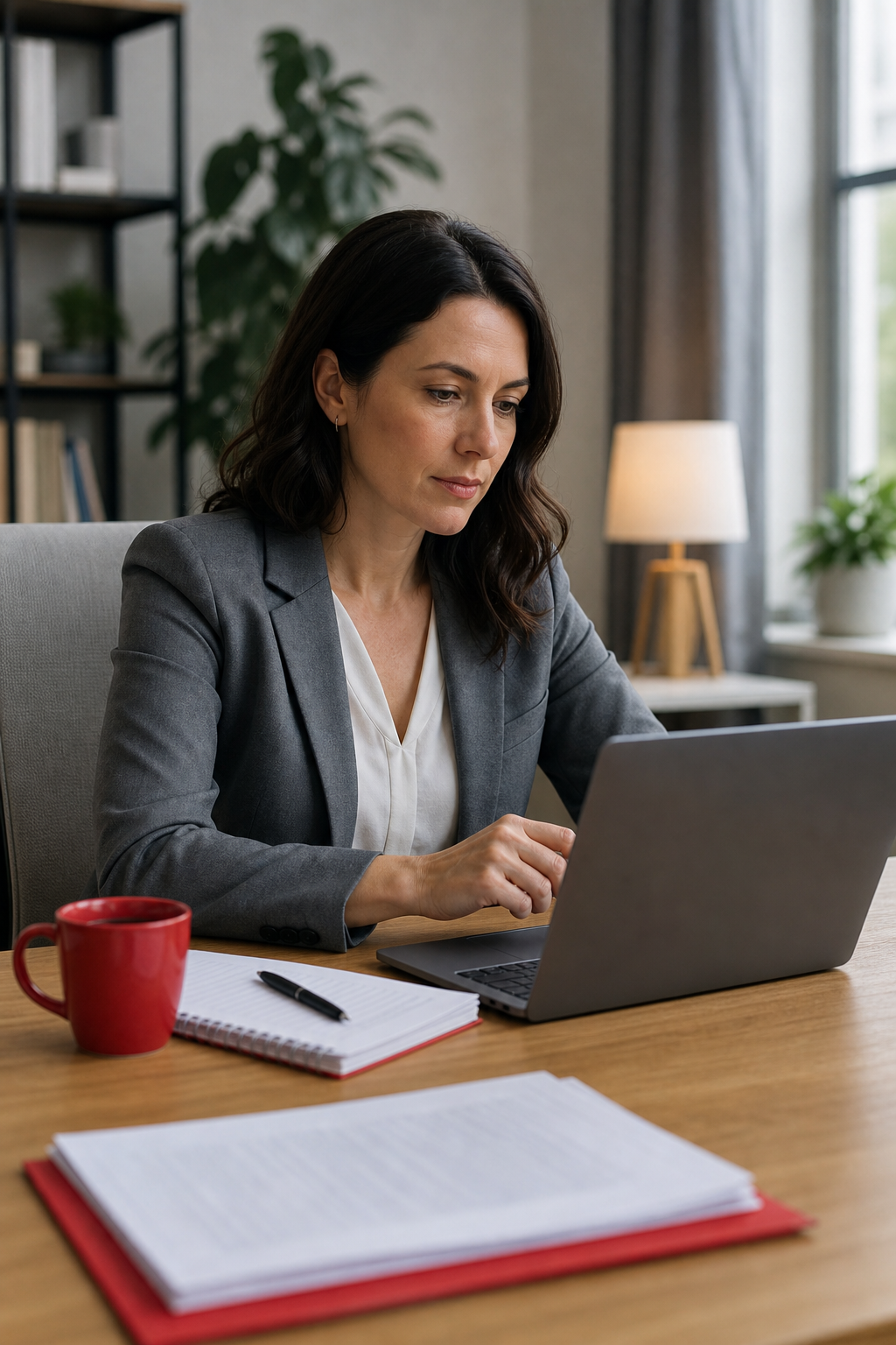 A realistic office scene showing a therapist reviewing billing reports on a laptop, with calm lighting and a coffee cup,