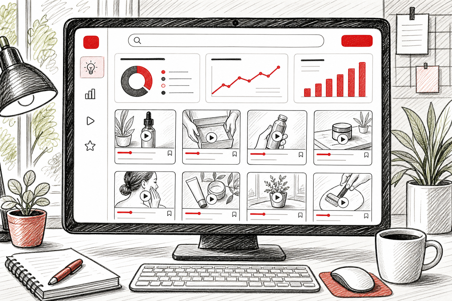 A doodle style illustration of a computer screen showing a searchable video ideas dashboard with charts and thumbnails,