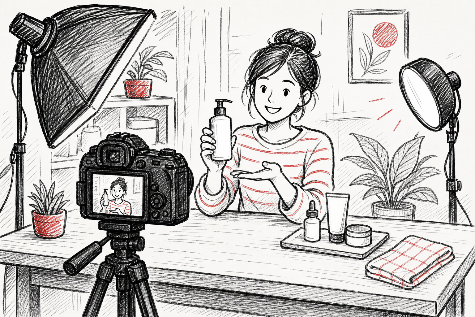 A doodle style scene of a creator filming a product demo on a table, with a camera, lighting kit, and product in use, al