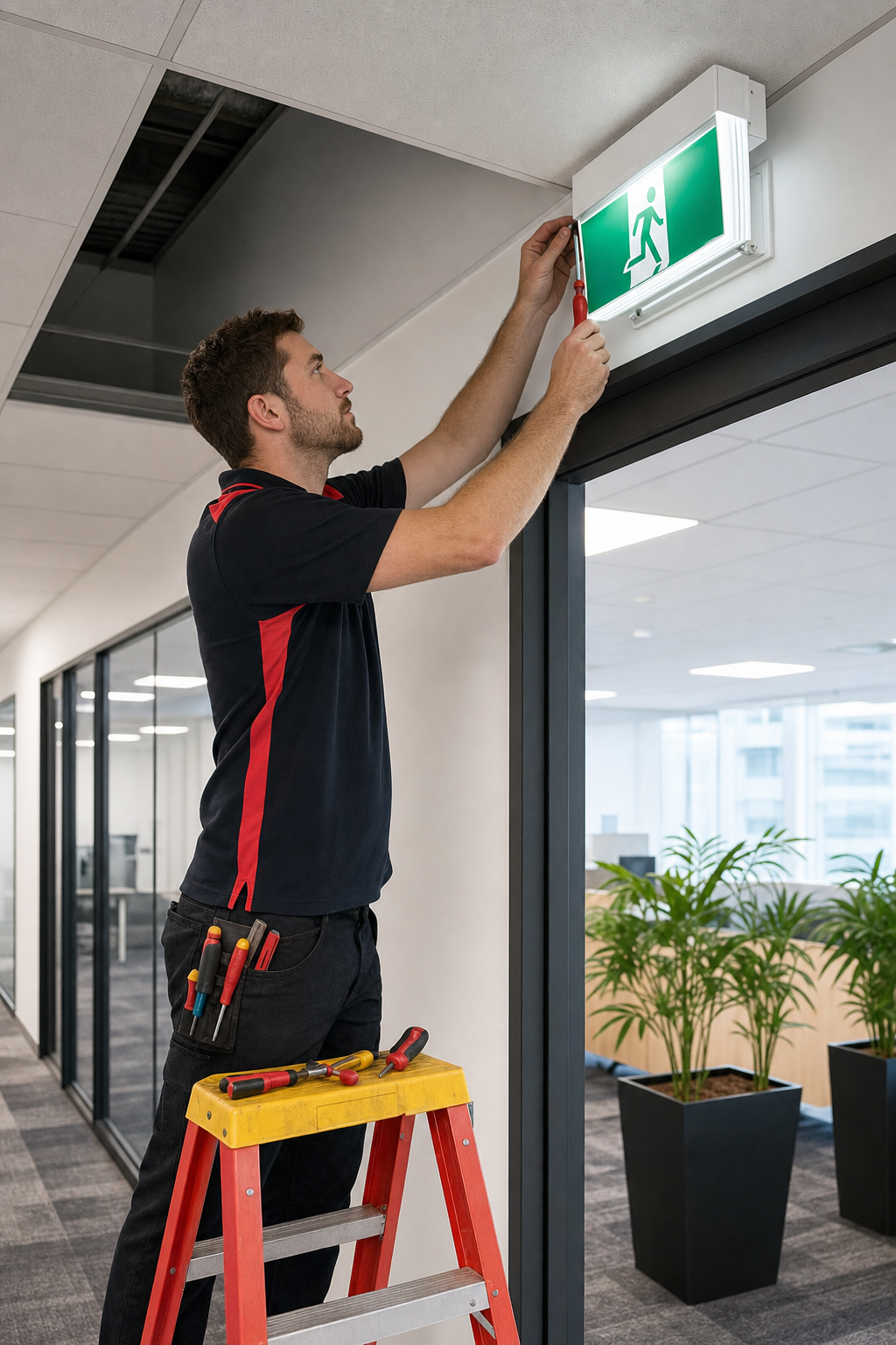 emergency lighting installation in a Glen Waverley commercial office corridor.