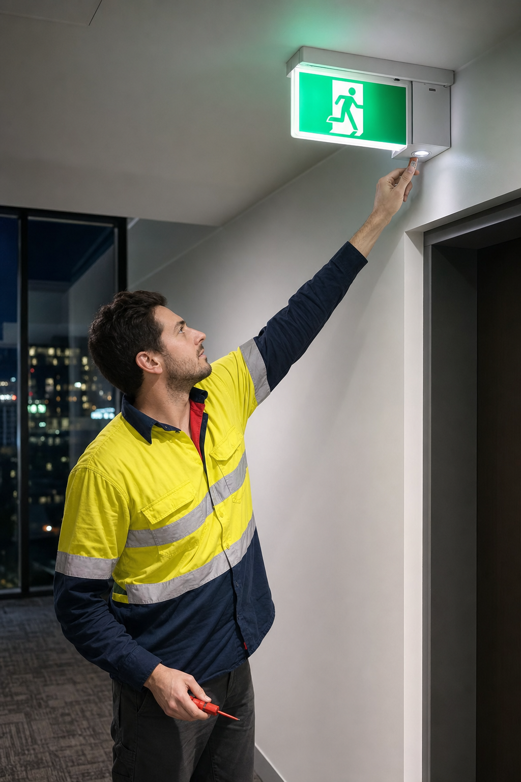 electrician testing emergency exit light in Doncaster commercial building.