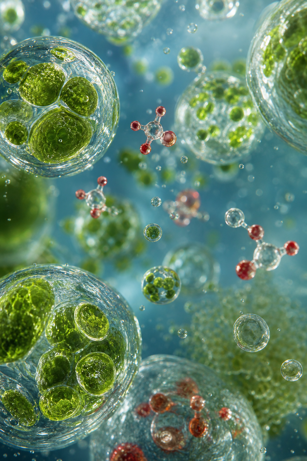 A photorealistic close‑up of marine algae cells and antioxidant molecules floating in a clear liquid, alt=