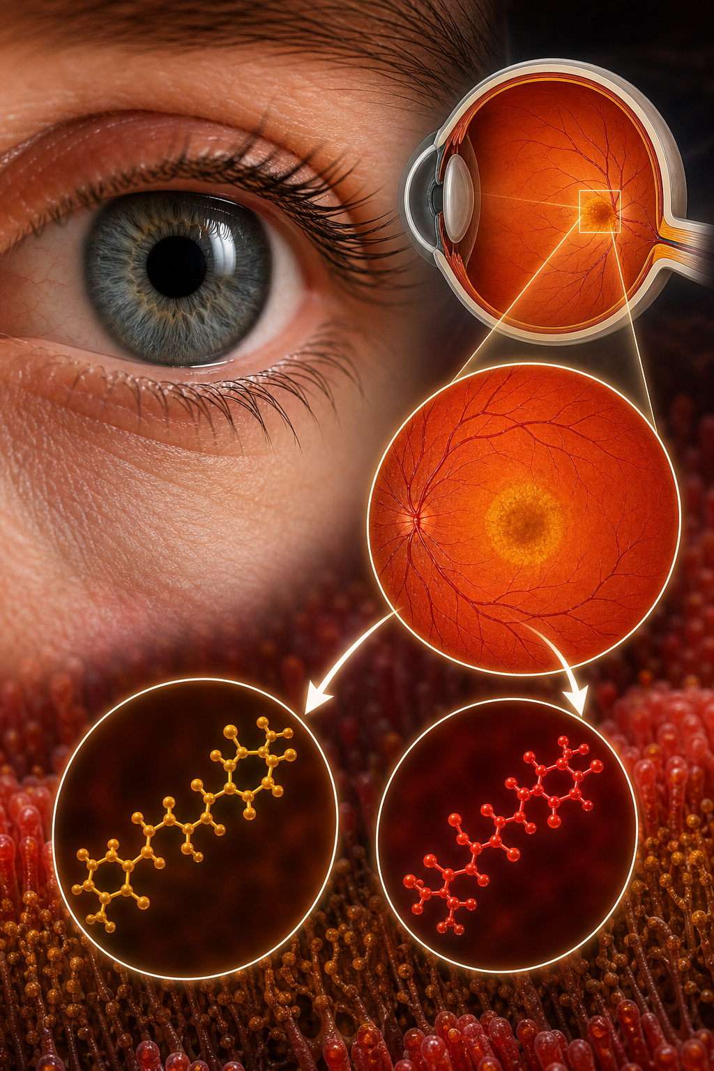 A realistic illustration of a human eye highlighting the macula, with arrows pointing to lutein and zeaxanthin molecules