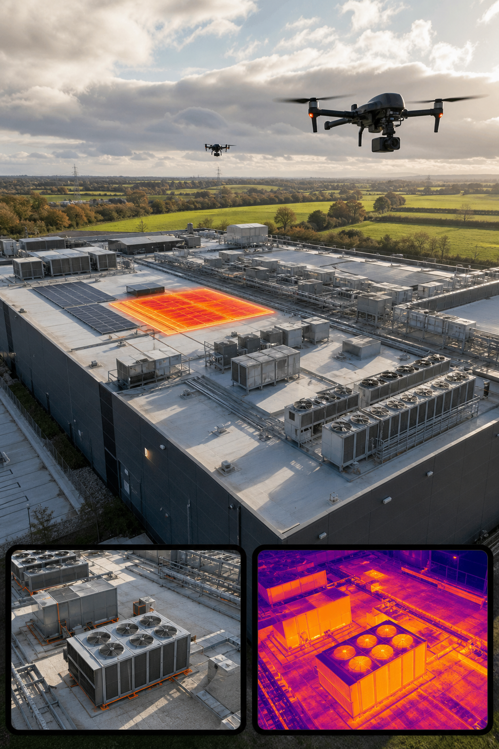 A realistic aerial view of a large commercial data‑centre roof with drones in flight, showing high‑resolution cameras an