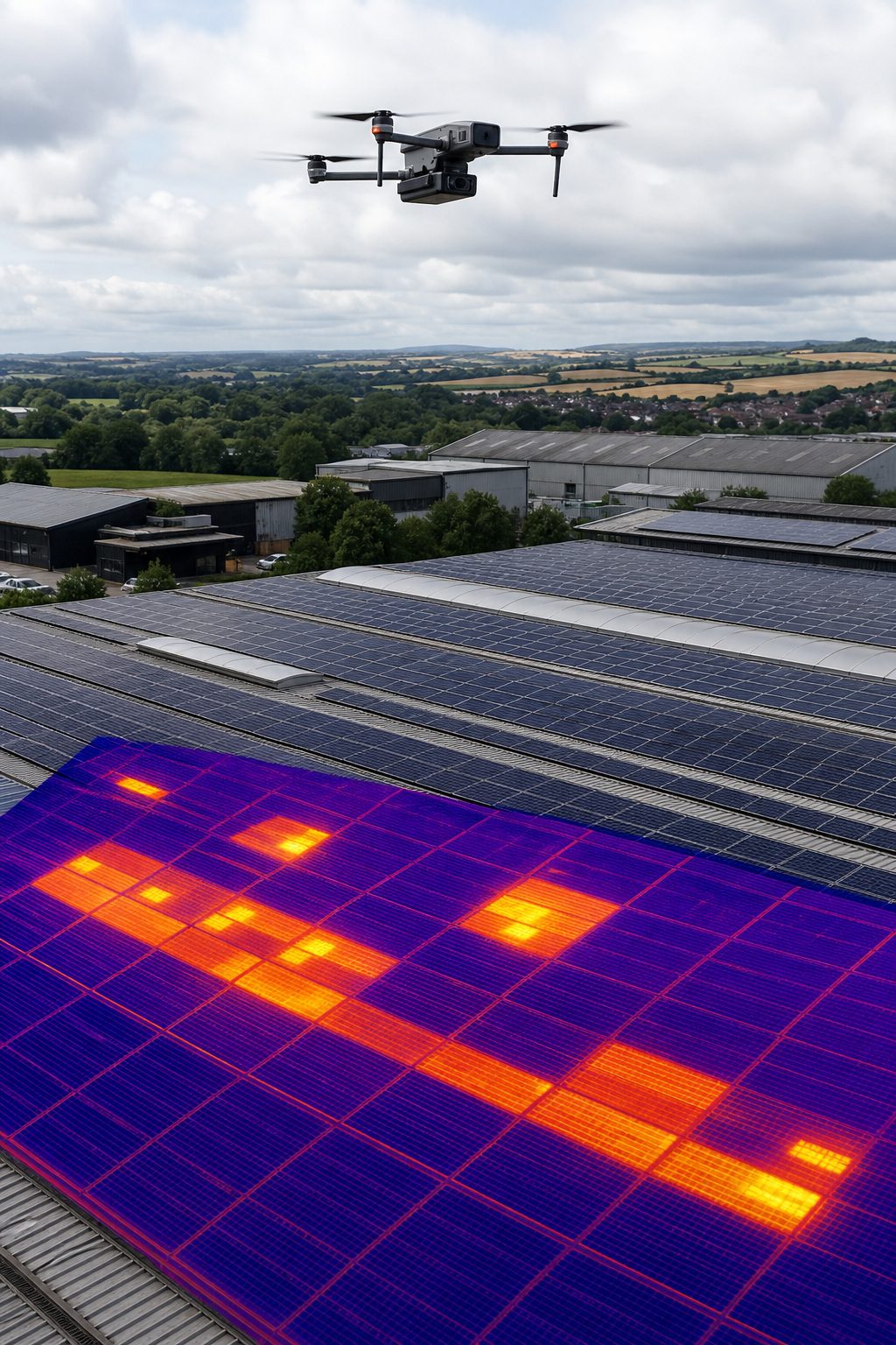 Realistic shot of a drone flying over a commercial solar array, thermal overlay showing hotspots, alt=