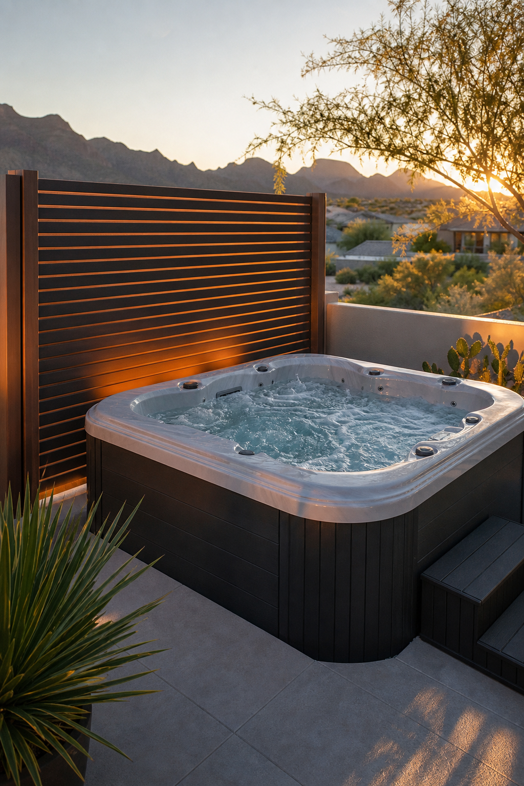 A photorealistic view of a luxury hot tub nestled behind a sleek custom privacy screen in a desert backyard, with low‑su