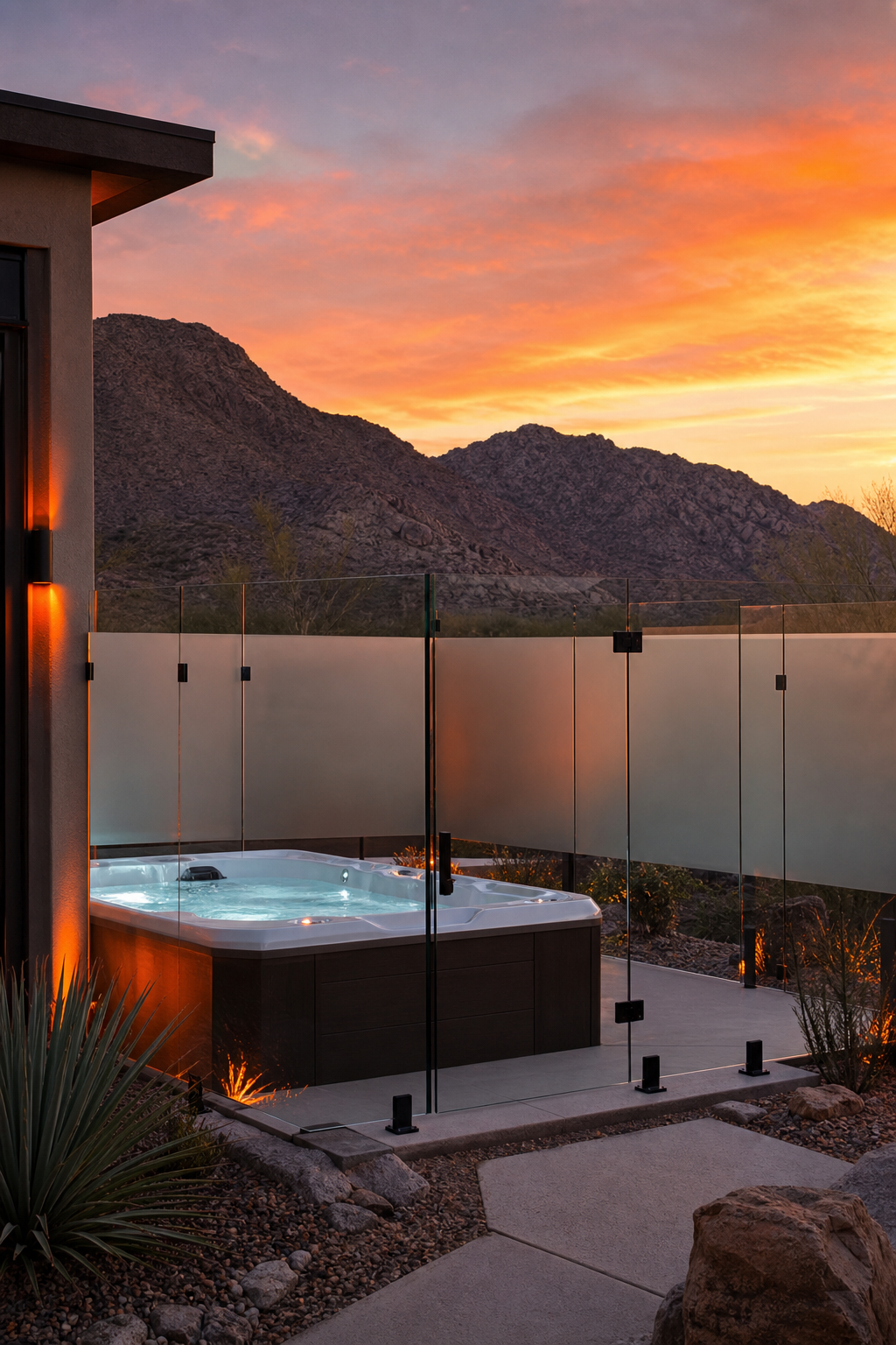 A realistic scene of a modern glass fence surrounding a hot tub at sunset, with desert mountains in the background, show