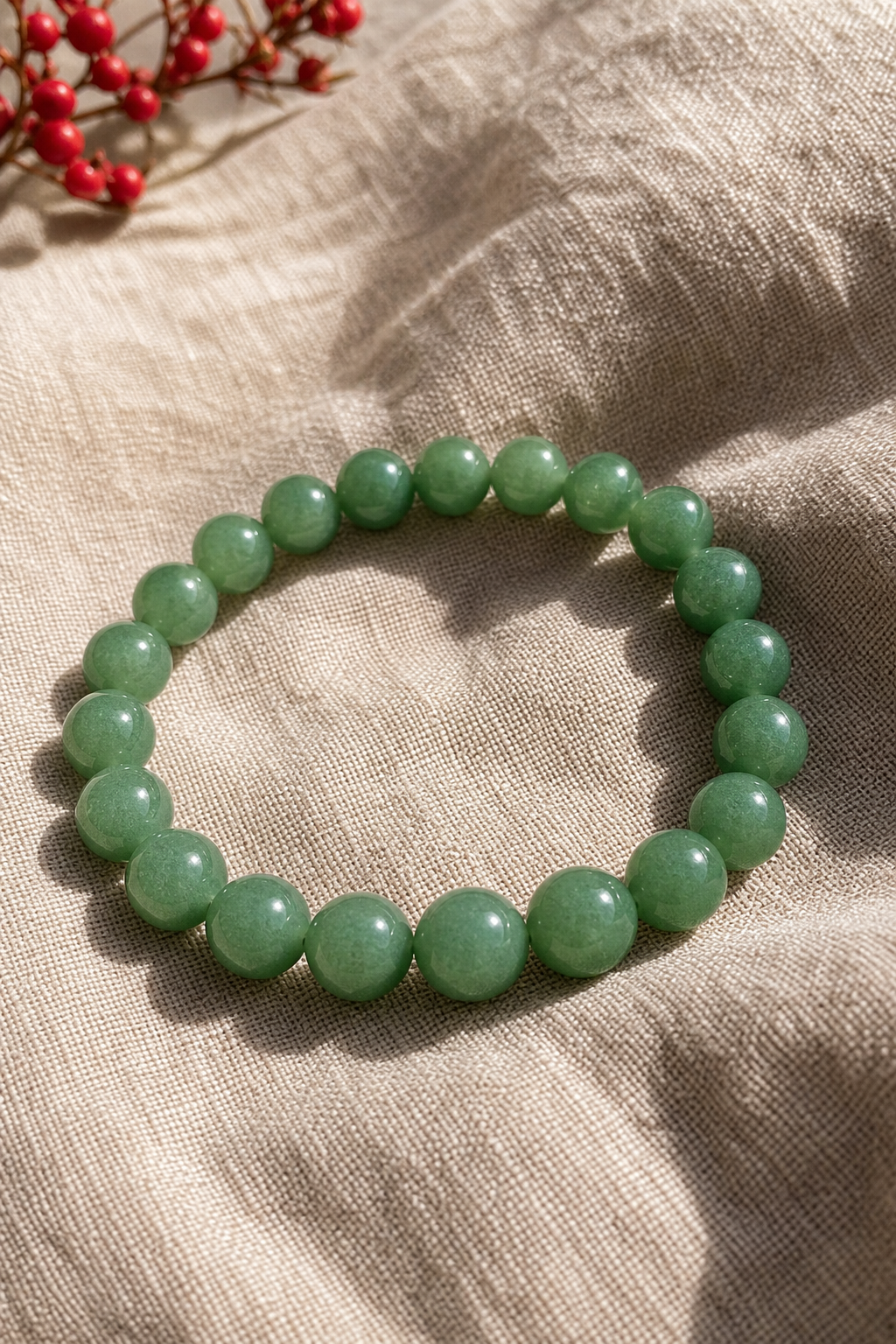 A realistic portrait of a green aventurine bead bracelet lying on a textured fabric background, the stones catching soft