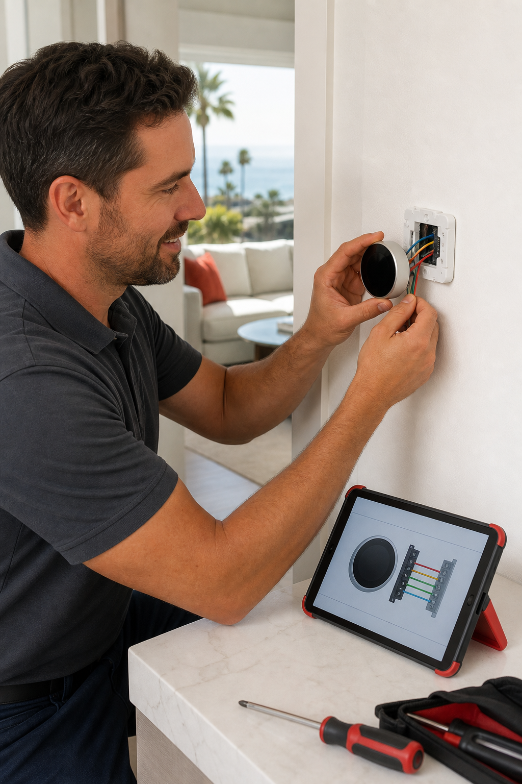 A realistic illustration of a friendly HVAC technician installing a smart thermostat on a wall in a modern California ho