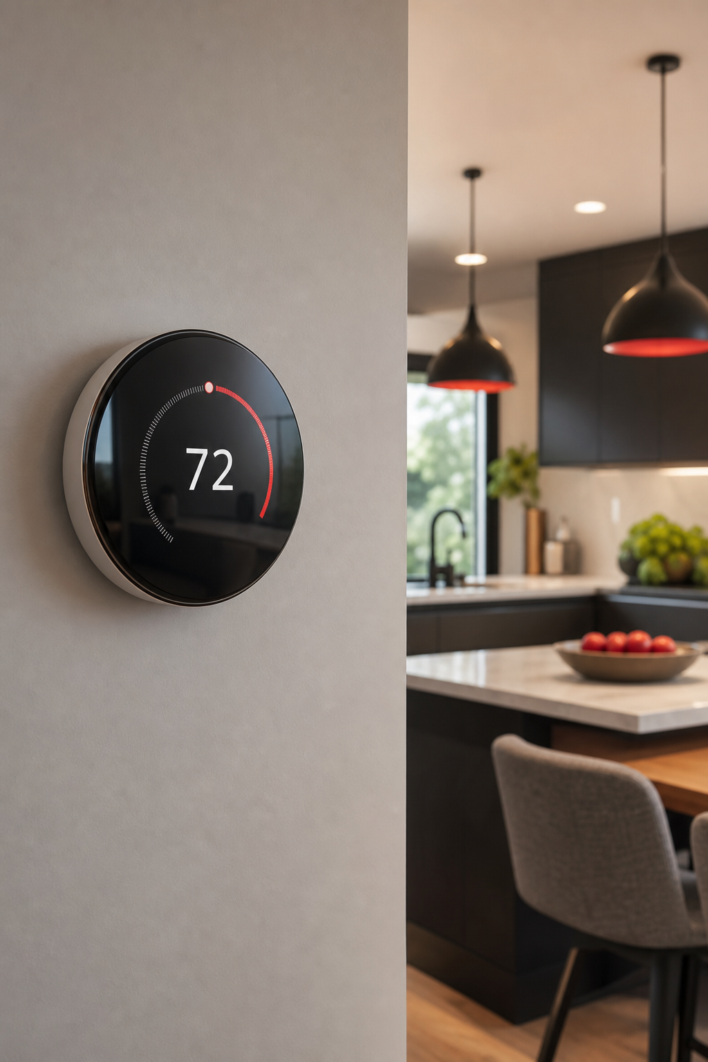 A photorealistic scene of a smart thermostat mounted on a wall with a modern kitchen backdrop, showing the curved glass 