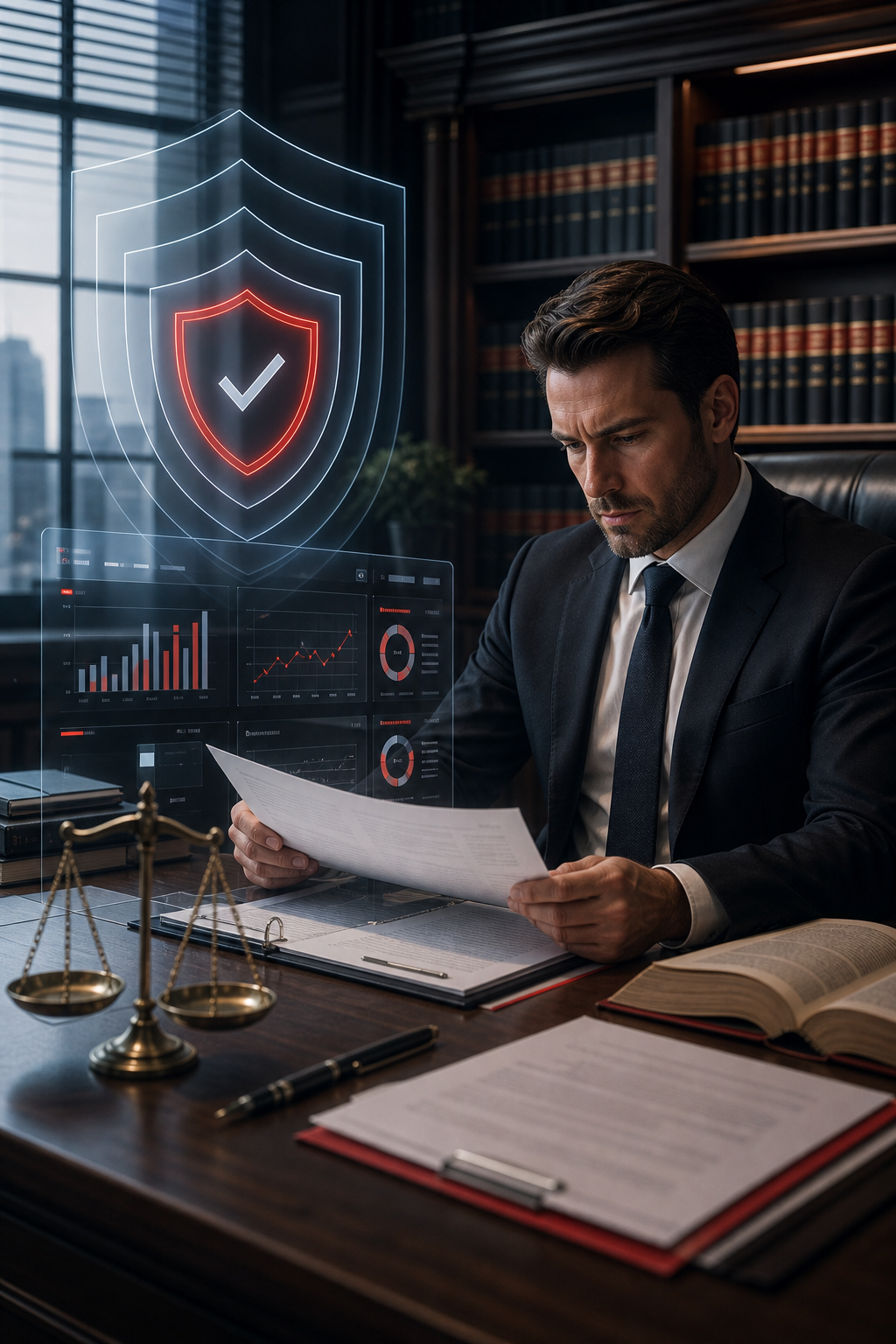 A cinematic illustration of a law office with layered security shields representing tiered MDR packages, showing a sleek