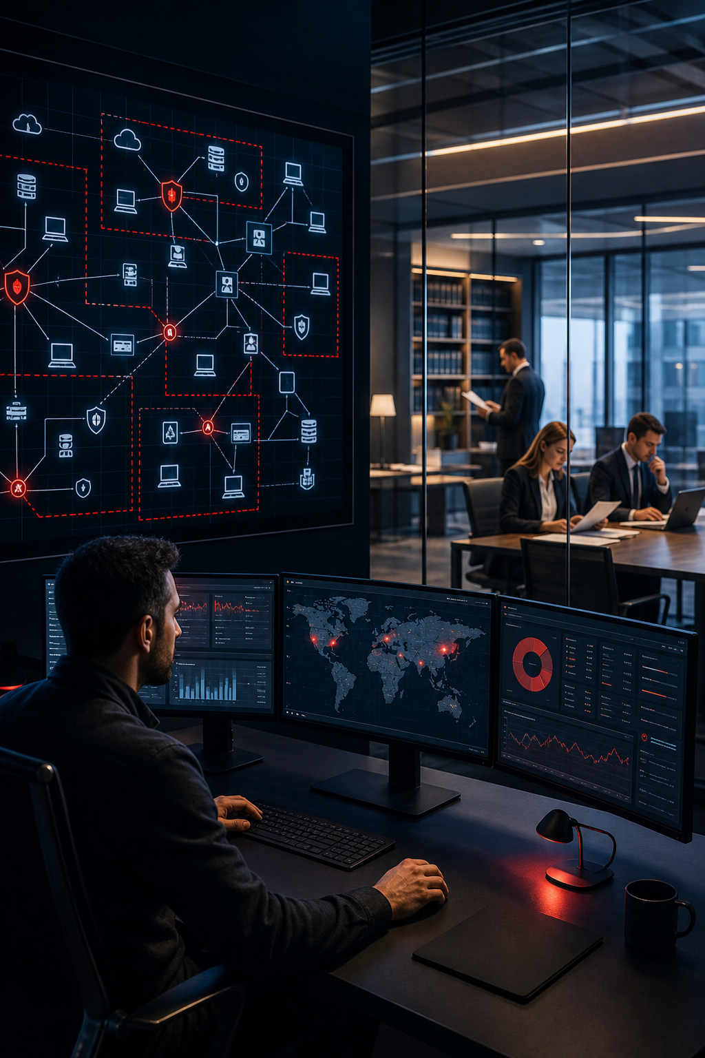 A cinematic scene of a legal firm’s network diagram with zero‑trust micro‑segments highlighted, a security analyst watch
