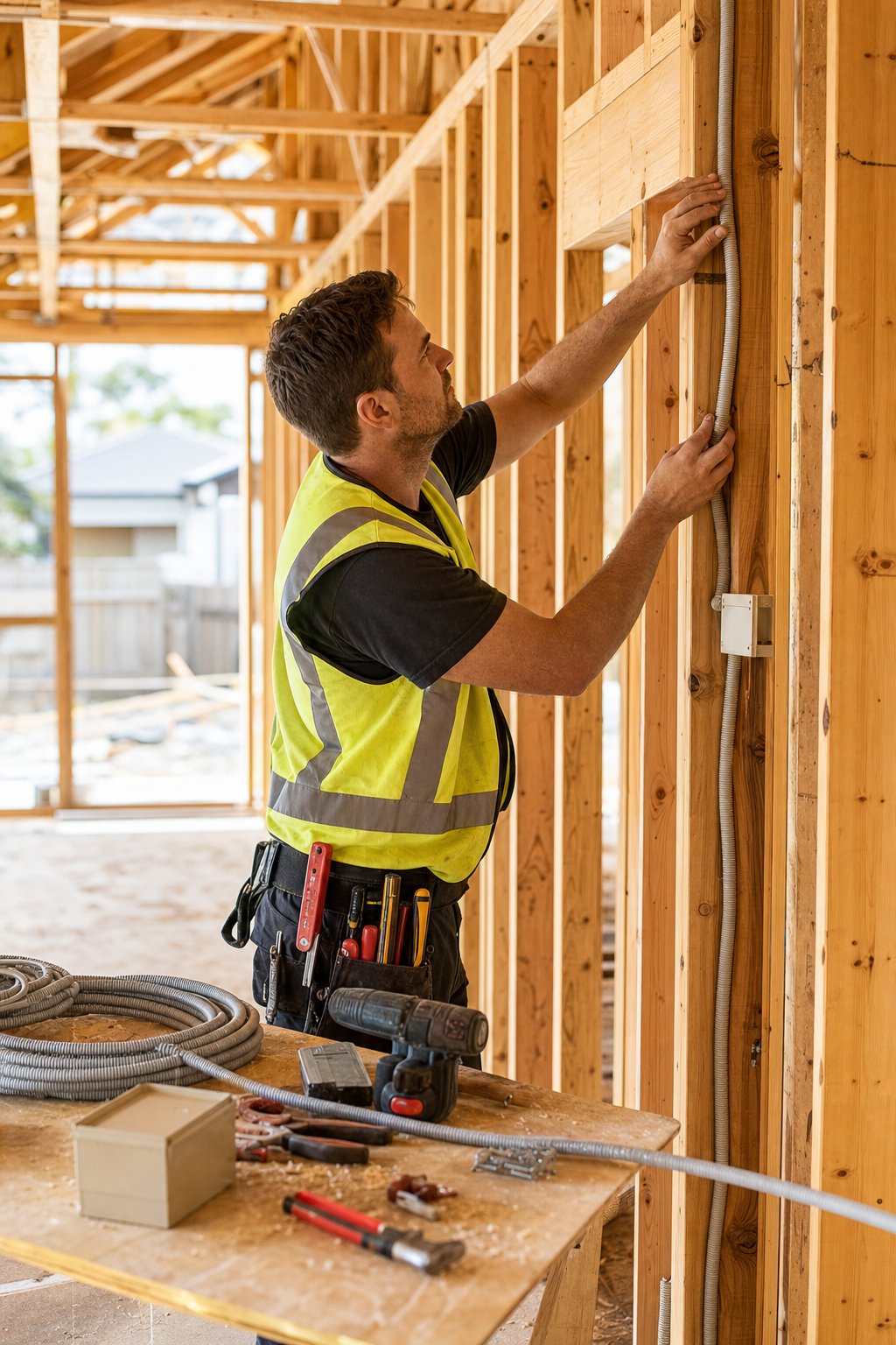 pre-wiring electrician for new homes Melbourne installing conduit in timber frame.