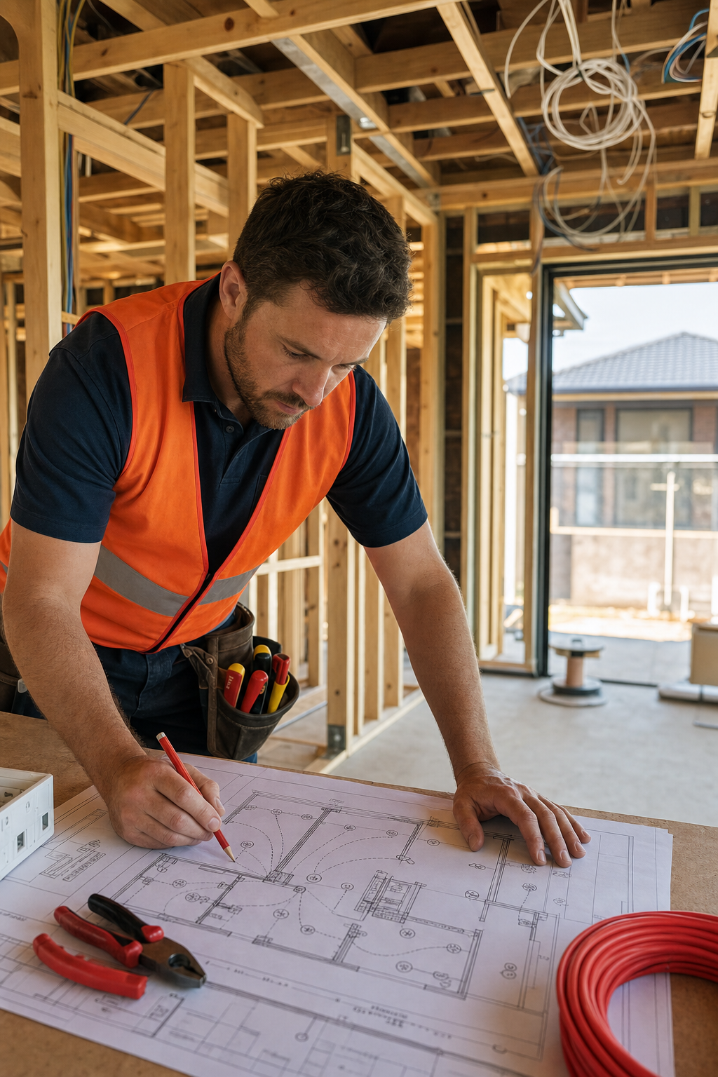 electrician reviewing pre-wiring plan for new home in Glen Waverley Melbourne.