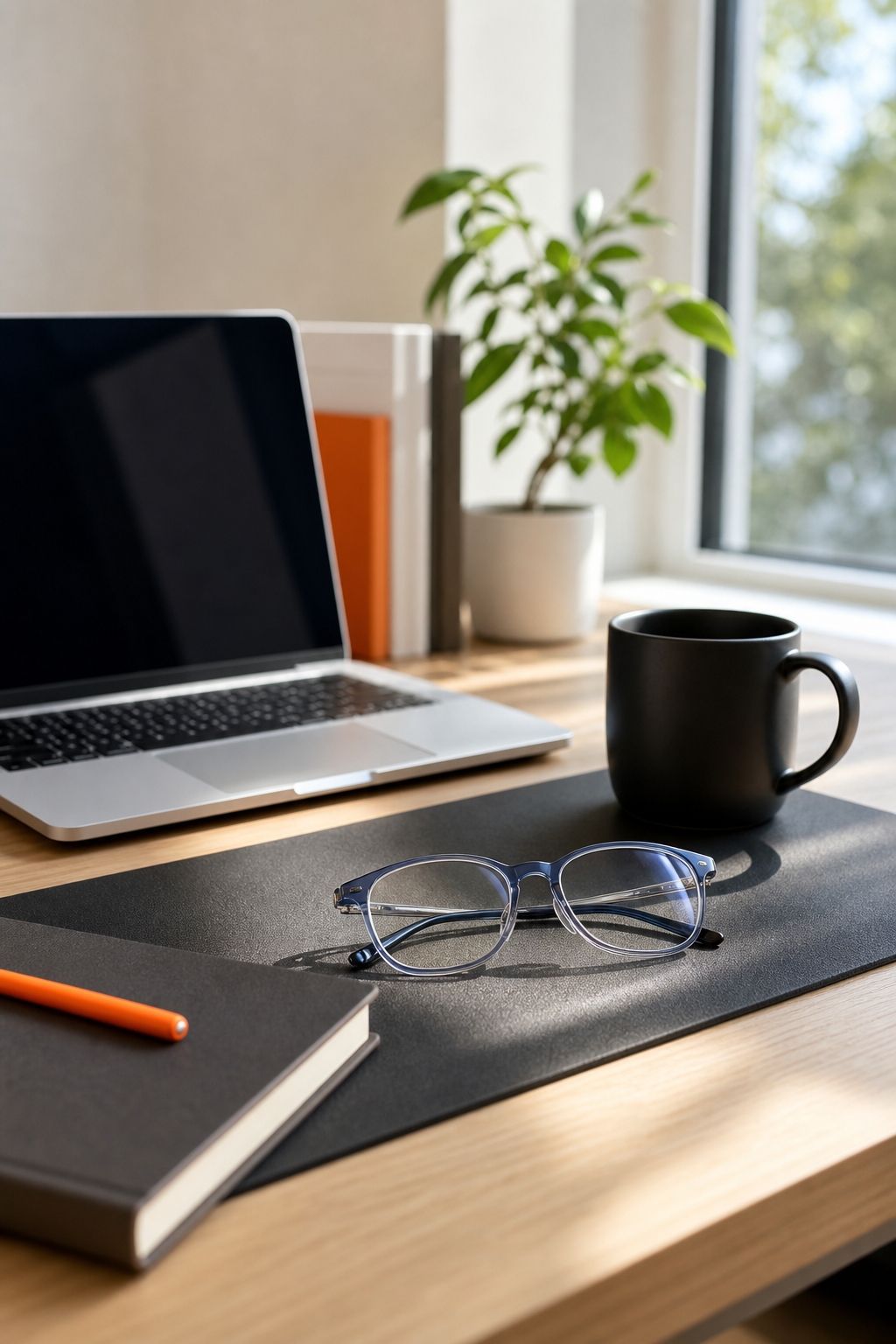 Clear‑lens blue light glasses on a work desk