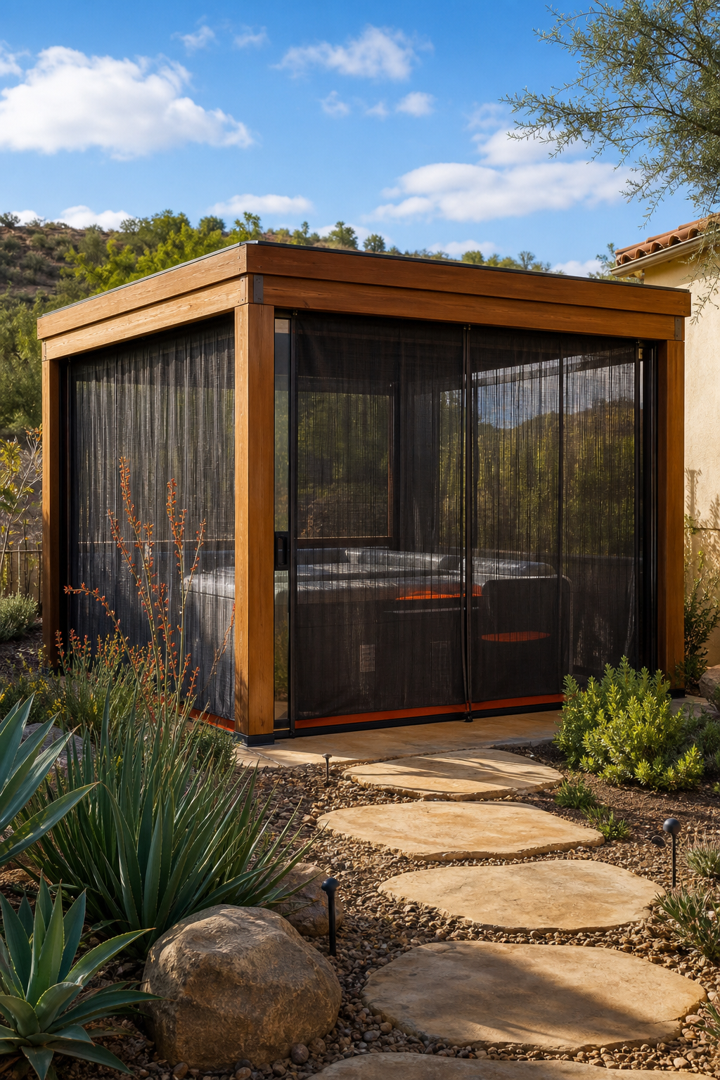 A photorealistic backyard scene showing a hot tub under a sleek, fully enclosed wooden‑frame cover with side curtains, d