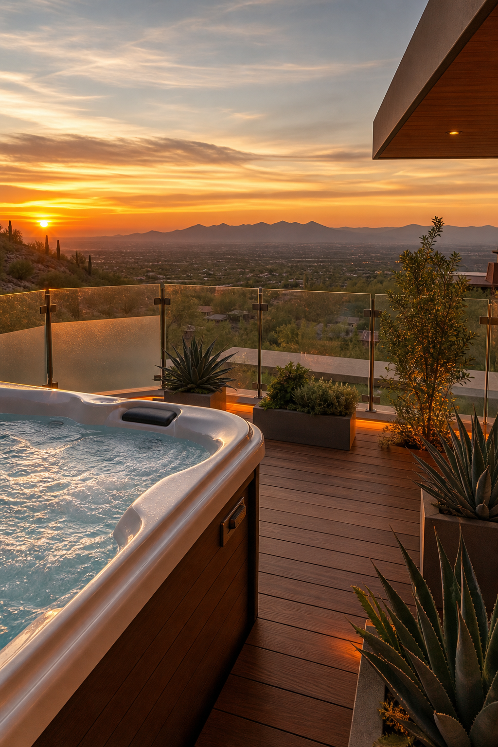 A realistic outdoor deck with a hot tub bordered by a clear glass railing, subtle frosted sections, desert plants, and s