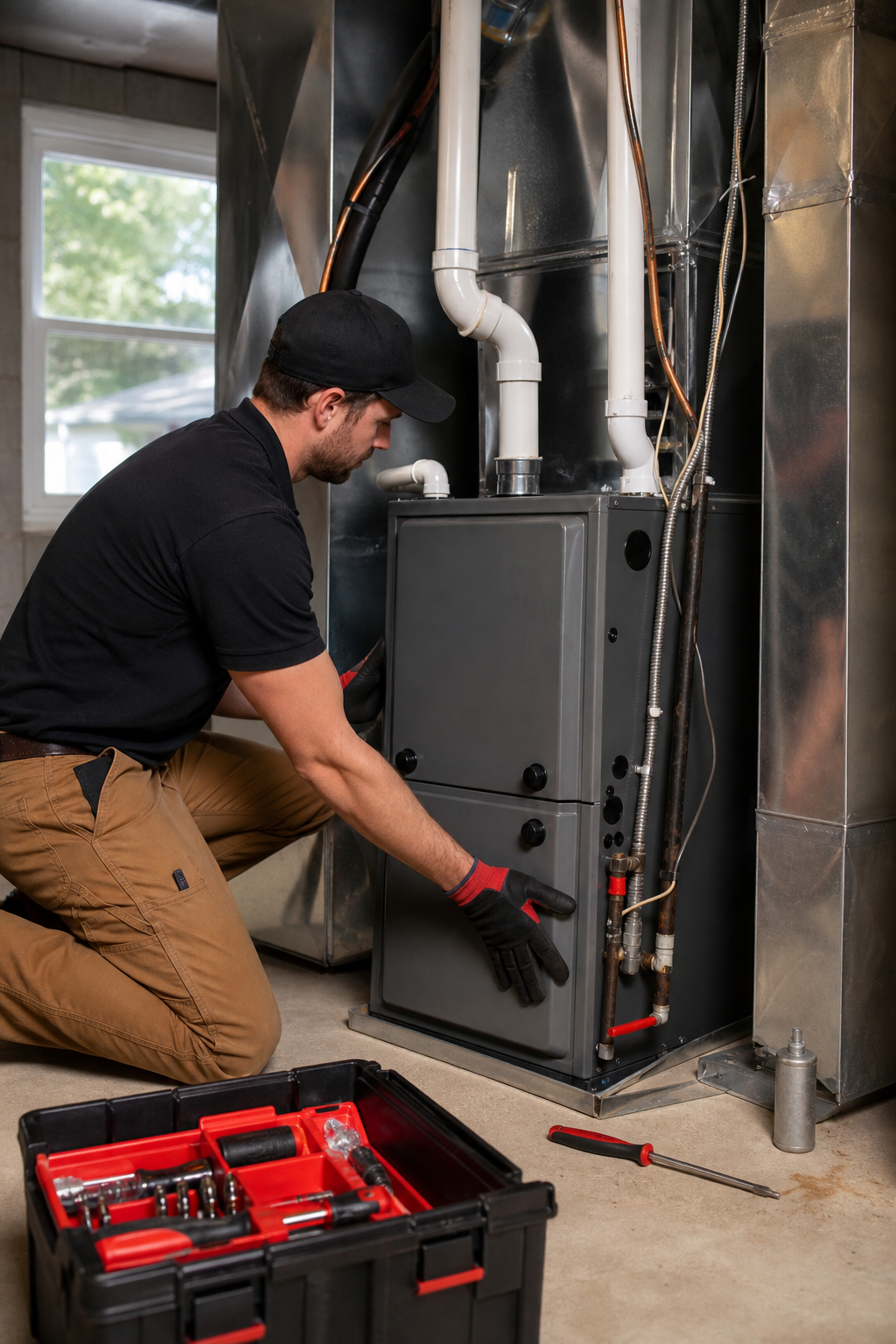 A realistic scene of a technician installing a gas furnace in a suburban East Tennessee home, showing the furnace unit, 