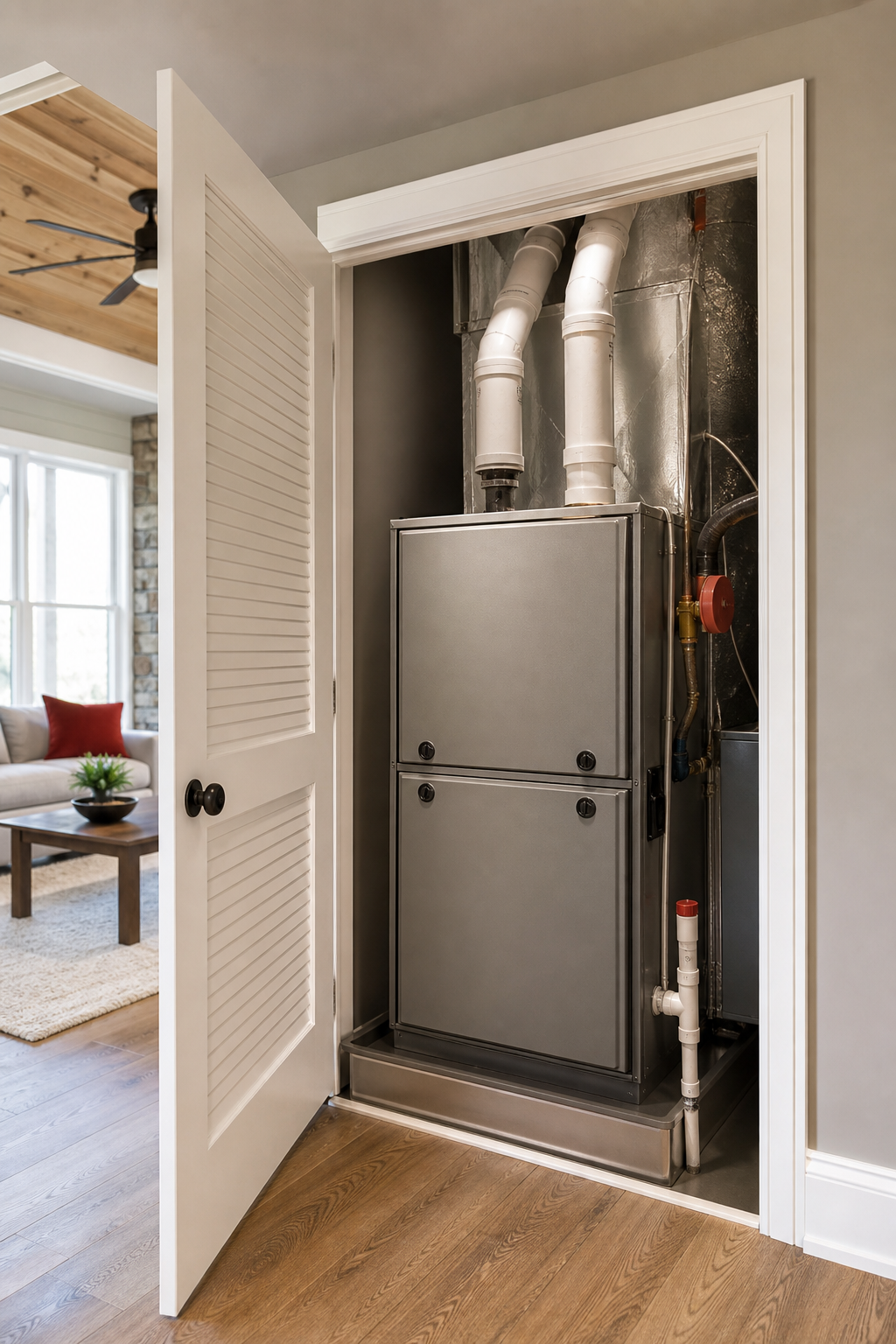 A realistic illustration of a high‑efficiency condensing furnace installed in a modern East Tennessee home, showing the 
