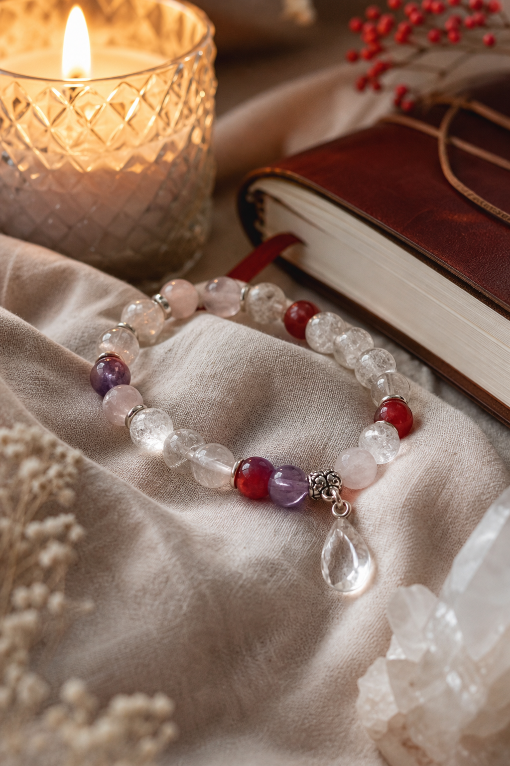 A realistic scene of a crystal bracelet draped over a soft fabric, with a candle and a journal beside it, alt: 