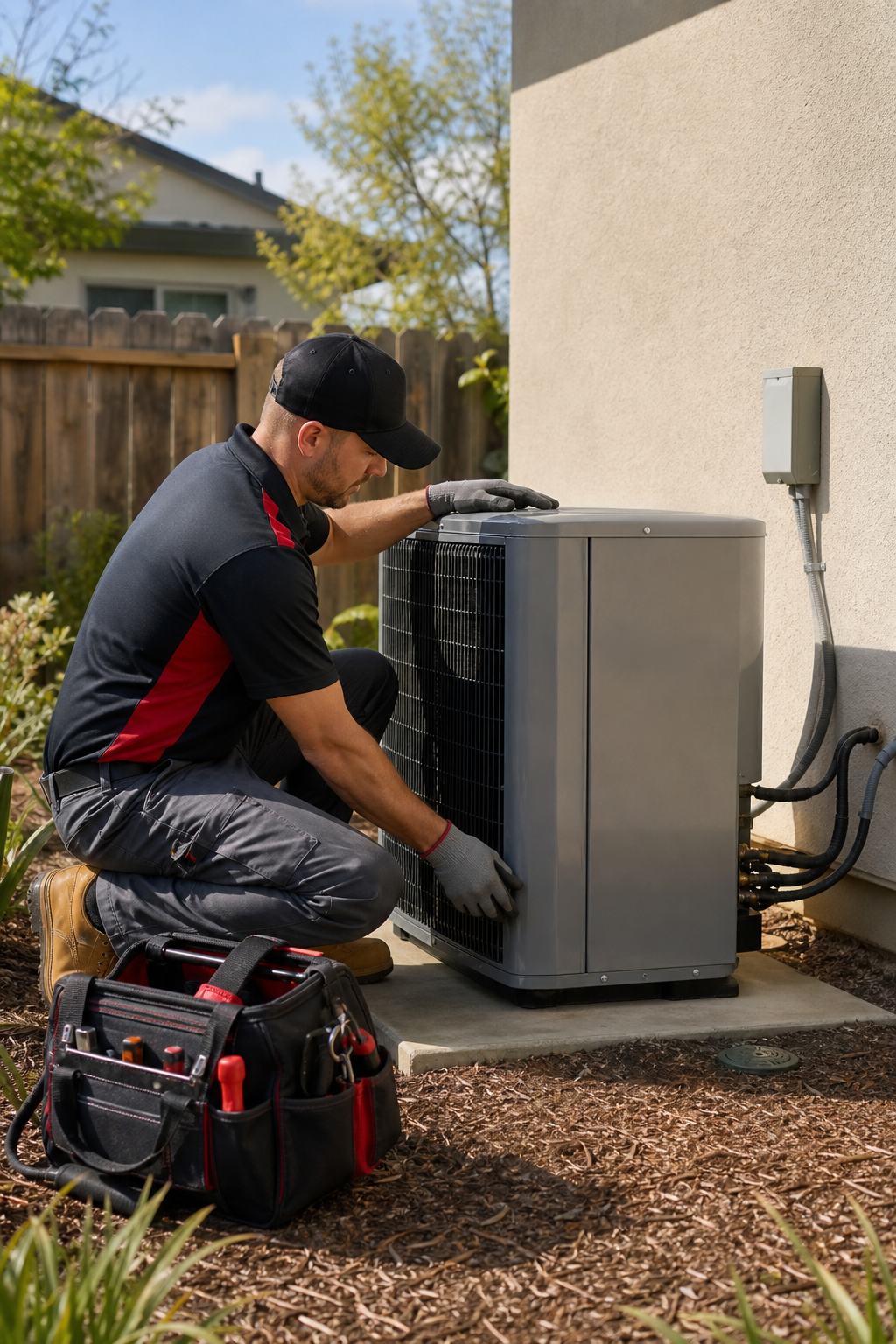 A photorealistic scene of a Home Worx technician inspecting a heat pump unit on a suburban home in Placer County, showin