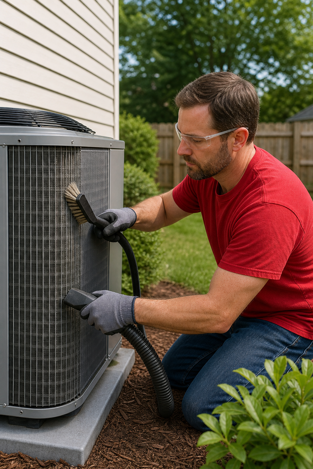 A realistic illustration of a homeowner cleaning a heat pump’s outdoor coil, with tools like a soft brush and a vacuum,