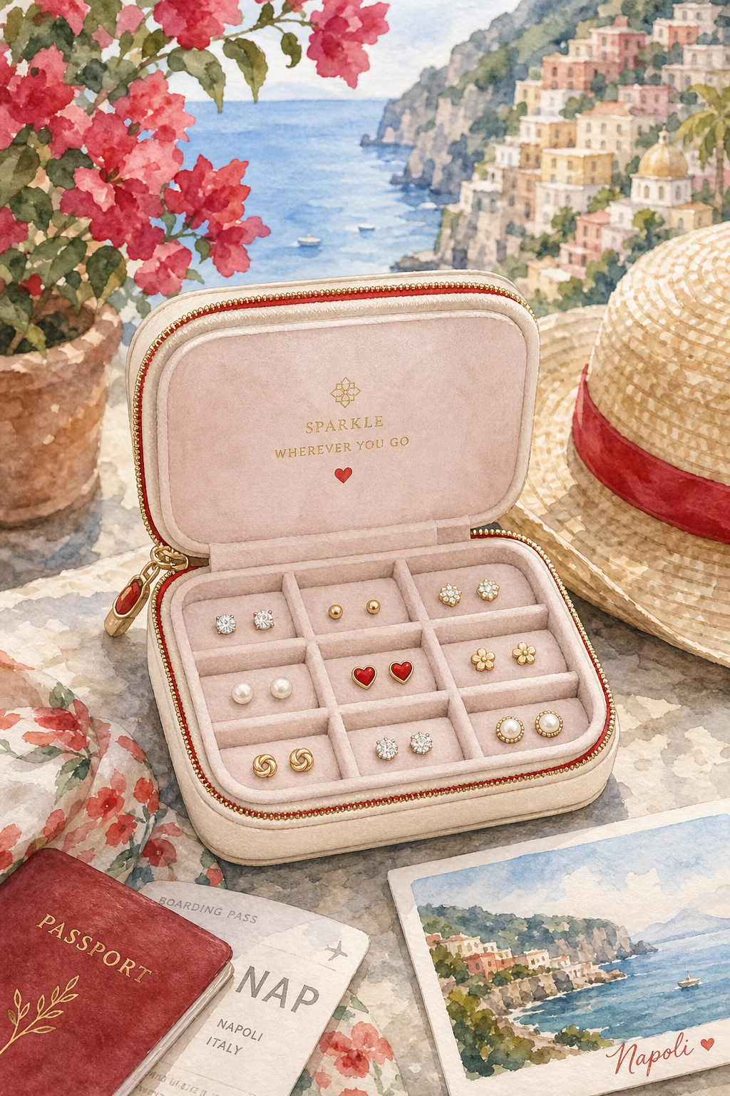 Watercolor illustration of a travel scene with a small, elegant jewelry case opened to reveal velvet‑lined compartments