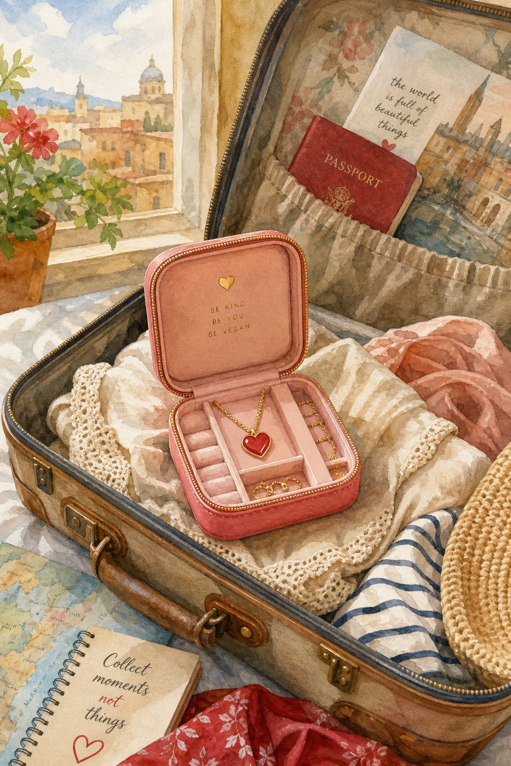 Watercolor scene of a traveler’s open suitcase revealing a pink vegan‑leather jewelry case with a heart pendant nestled