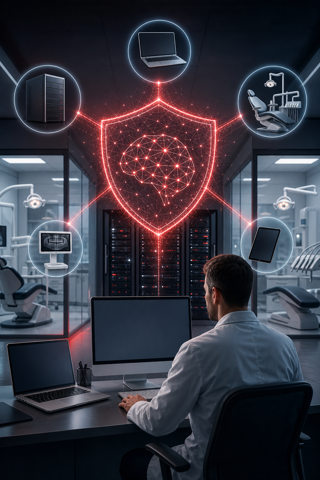 A cinematic style illustration of a dental office network shielded by glowing AI patterns, showing laptops, servers, and