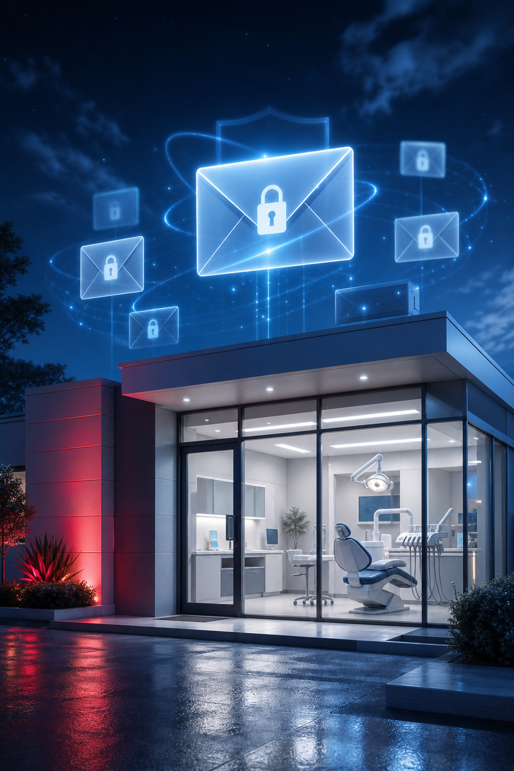 A cinematic depiction of encrypted email icons floating above a dental clinic, with a soft blue glow and subtle brand‑co