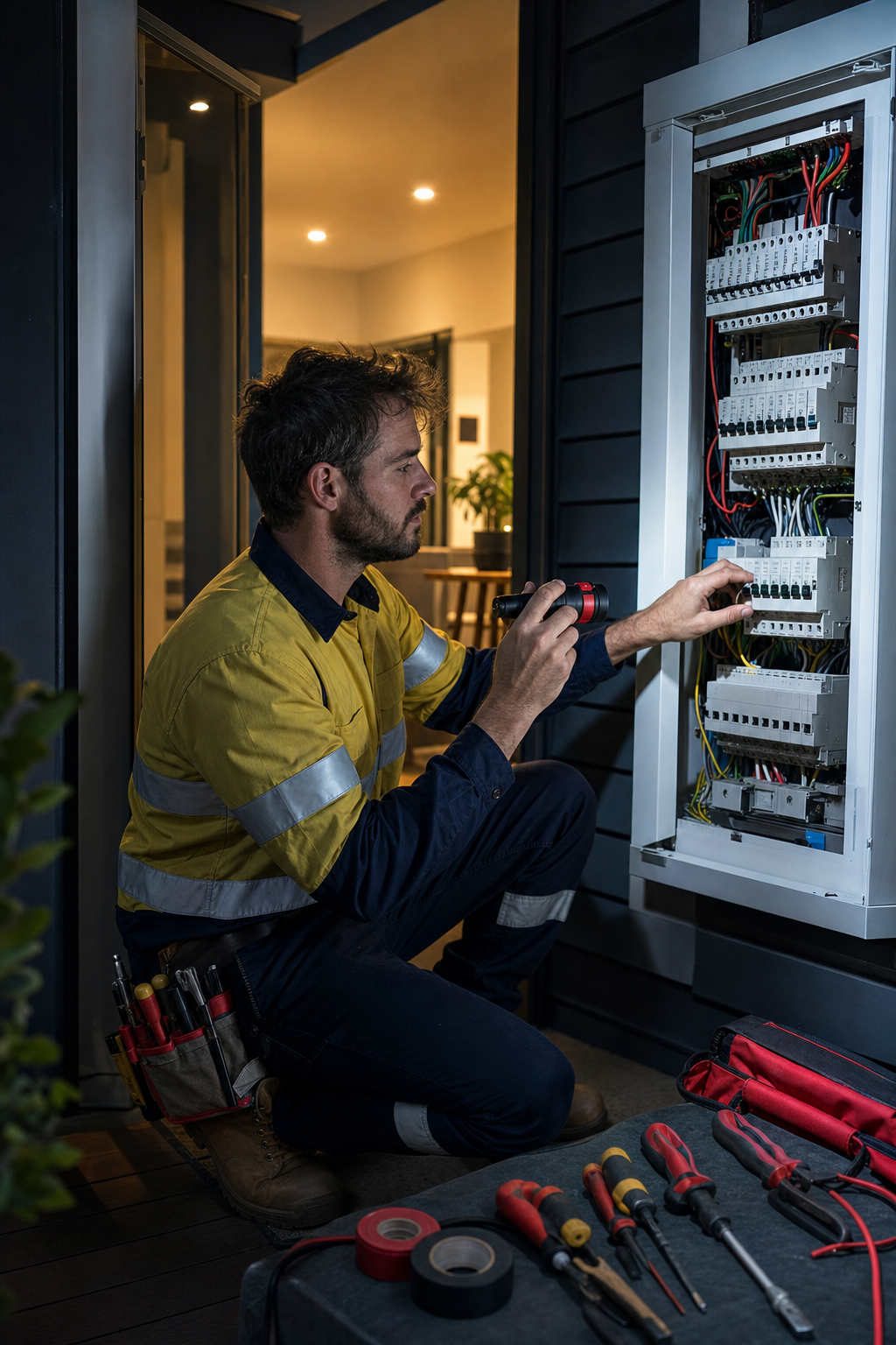 emergency electrician after hours melbourne eastern suburbs inspecting switchboard at night.