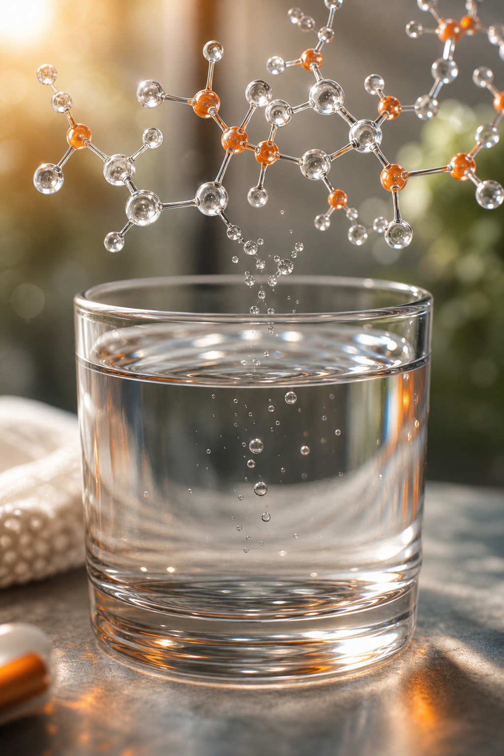 A realistic close‑up of hyaluronic acid molecular structures floating above a glass of water, with soft natural lighting