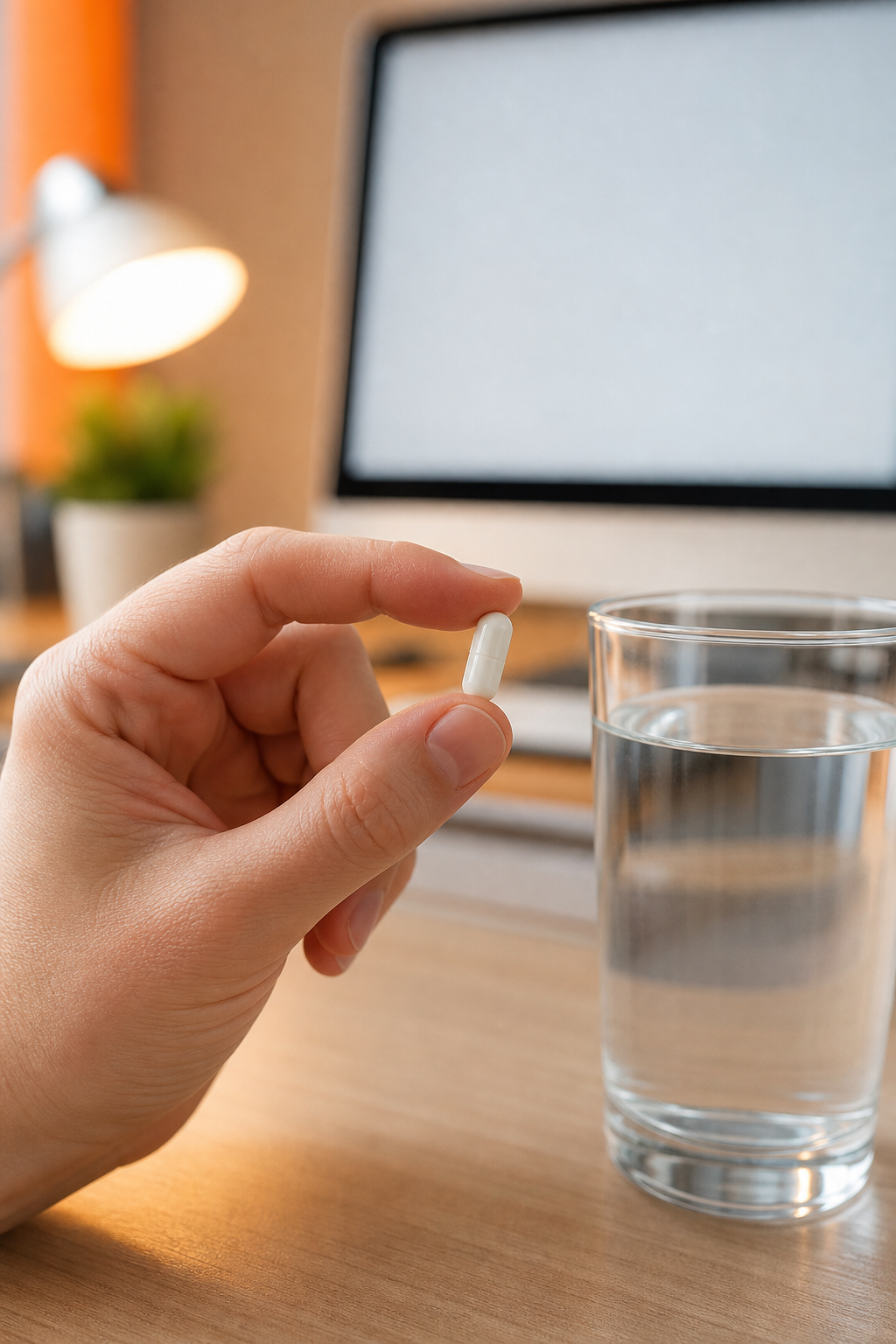 A photorealistic illustration of a hand holding a capsule next to a glass of water, with soft focus background of a desk