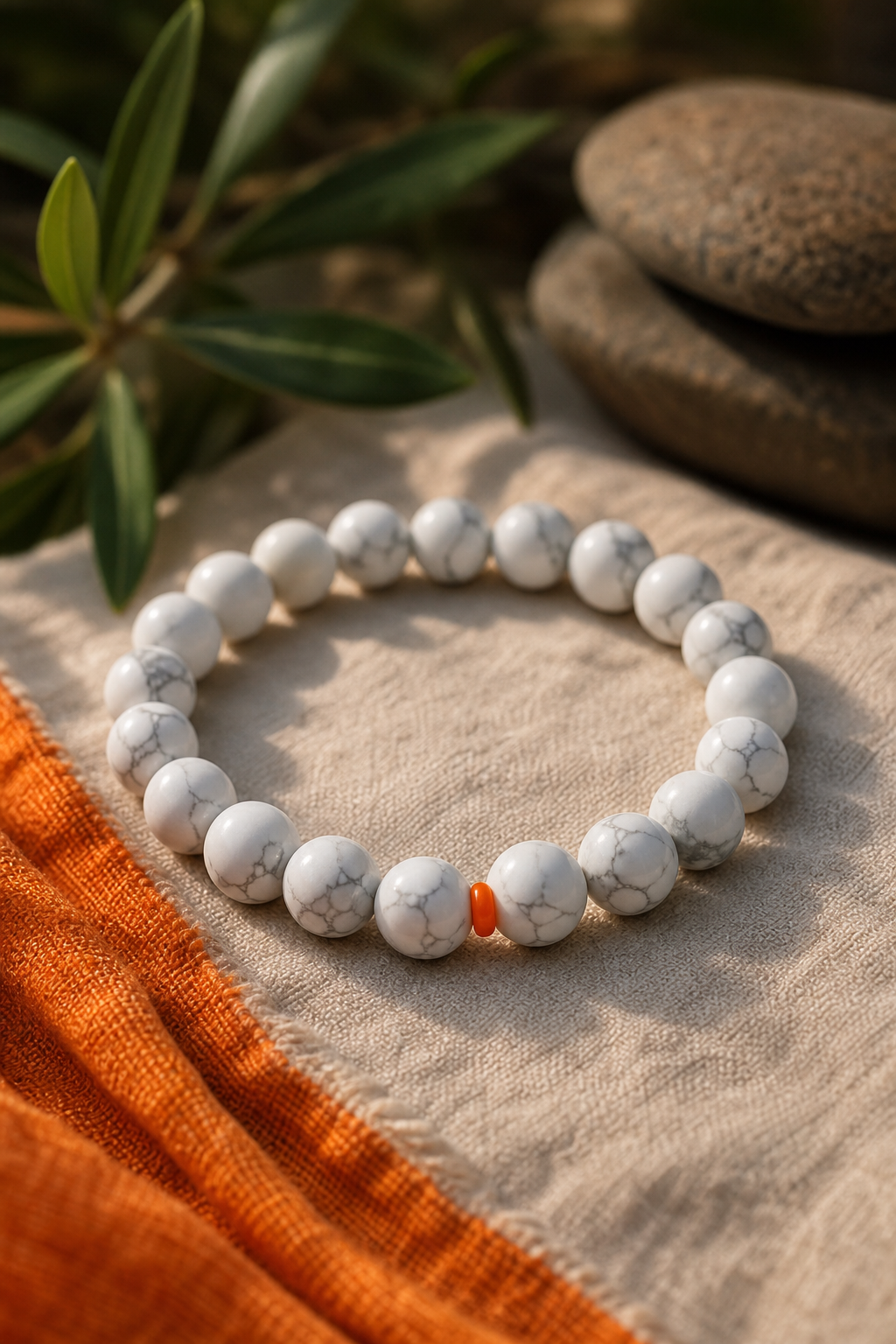 A photorealistic close‑up of a howlite bracelet laid on a soft cloth, light reflecting off the matte beads, evoking a se