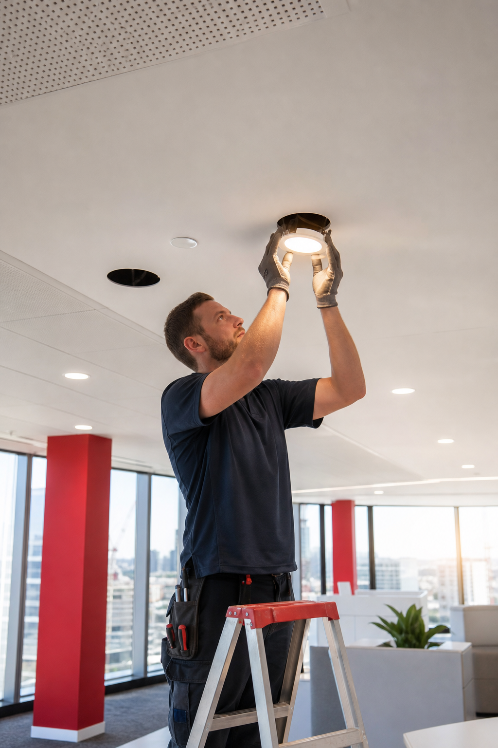 A realistic photo of a commercial office ceiling with new LED downlights being installed by a professional electrician,