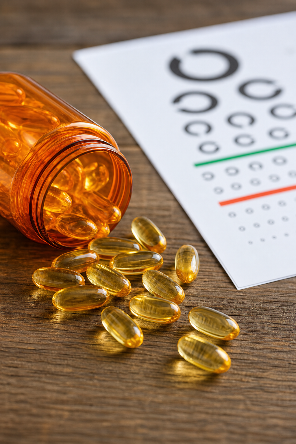 A realistic close‑up of fish oil capsules spilling onto a wooden table beside a bright eye chart, alt: omega‑3 supplemen