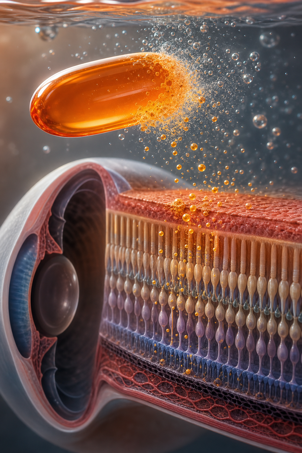 A realistic illustration of a soft‑gel capsule dissolving near a retinal cross‑section, alt: AREDS3 eye vitamins absorpt